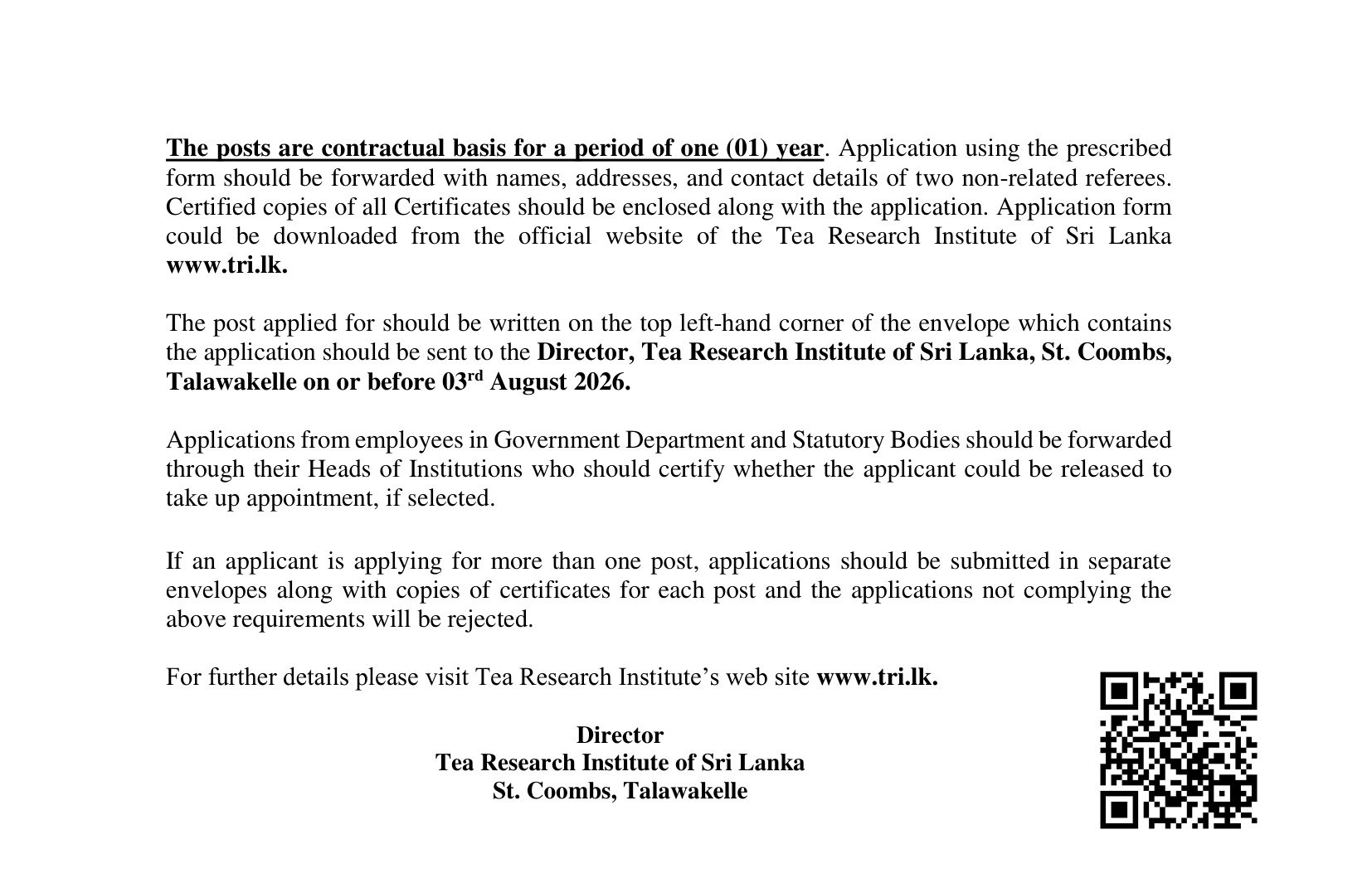 Personal Assistant to Chairman, Mason, Carpenter, Motor Mechanic, Plumber, Electrician, Telephone Linesman, Electrical Linesman - Tea Research Institute of Sri Lanka
