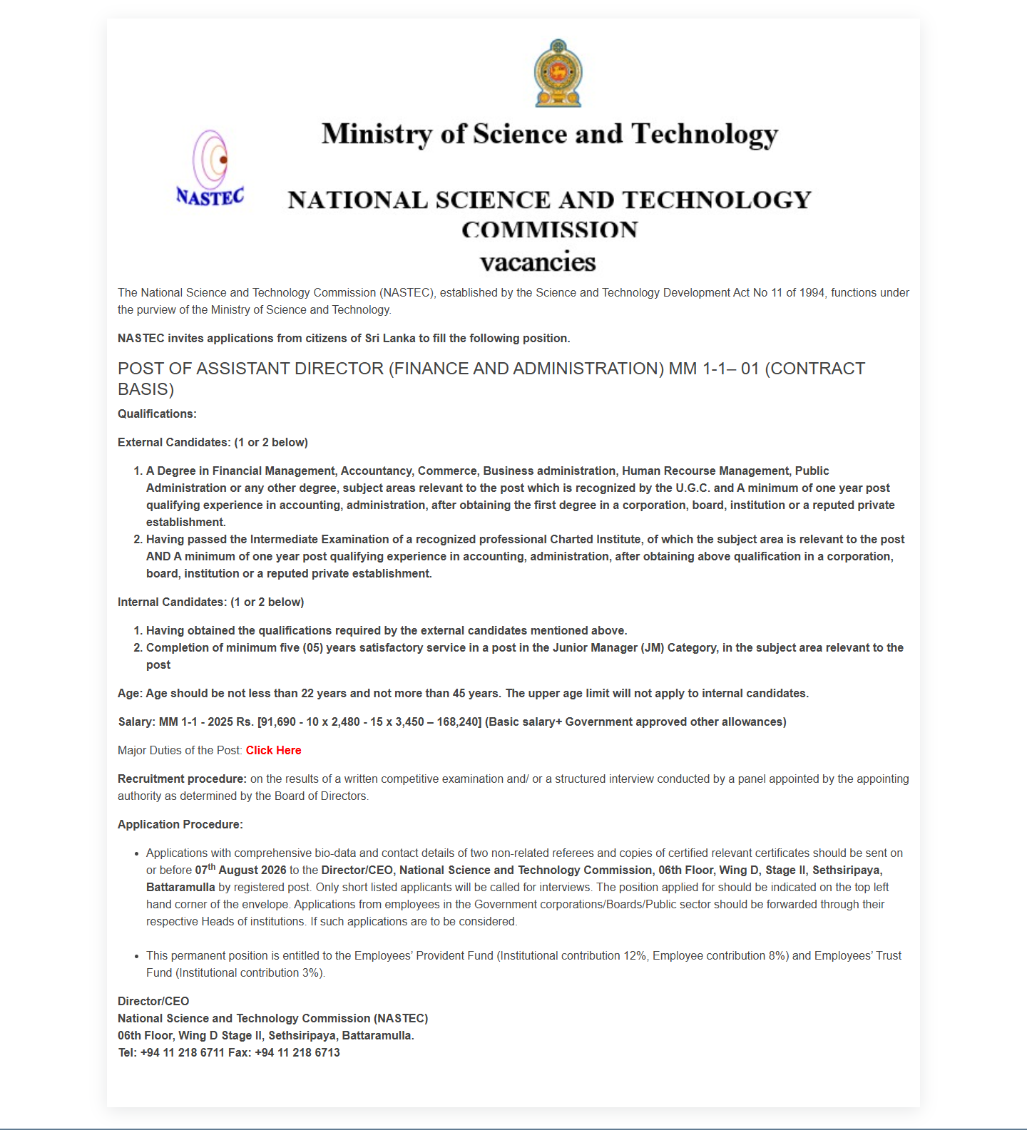 Assistant Director (Finance & Administration) - National Science & Technology Commission