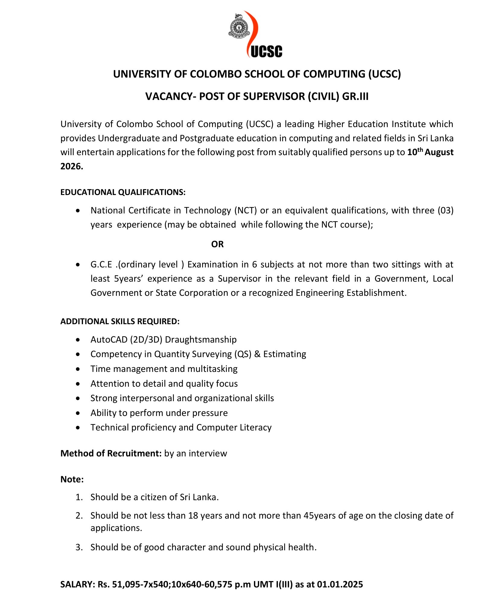 Supervisor (Civil), Scientific Assistant - University of Colombo School of Computing