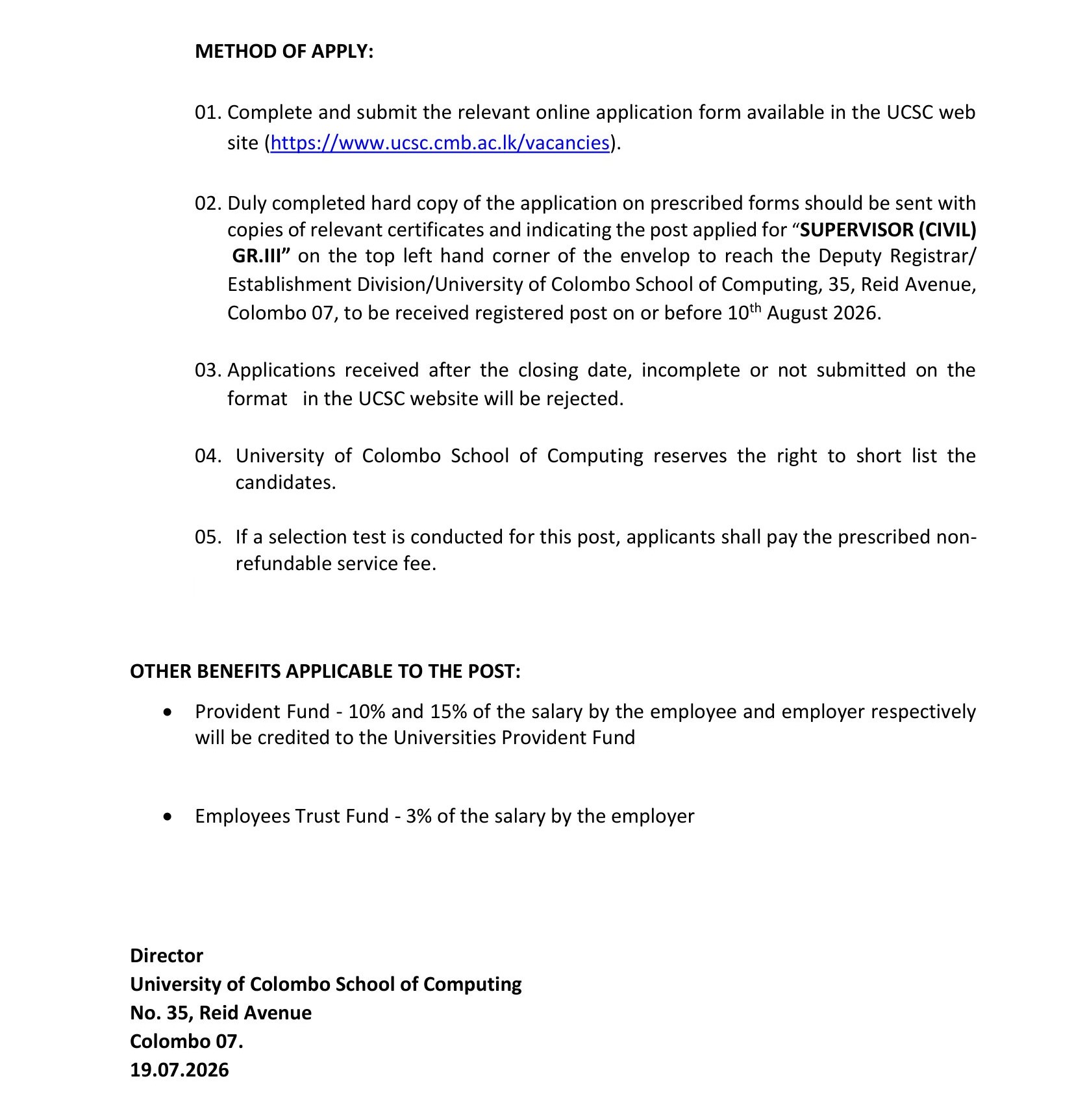 Supervisor (Civil), Scientific Assistant - University of Colombo School of Computing