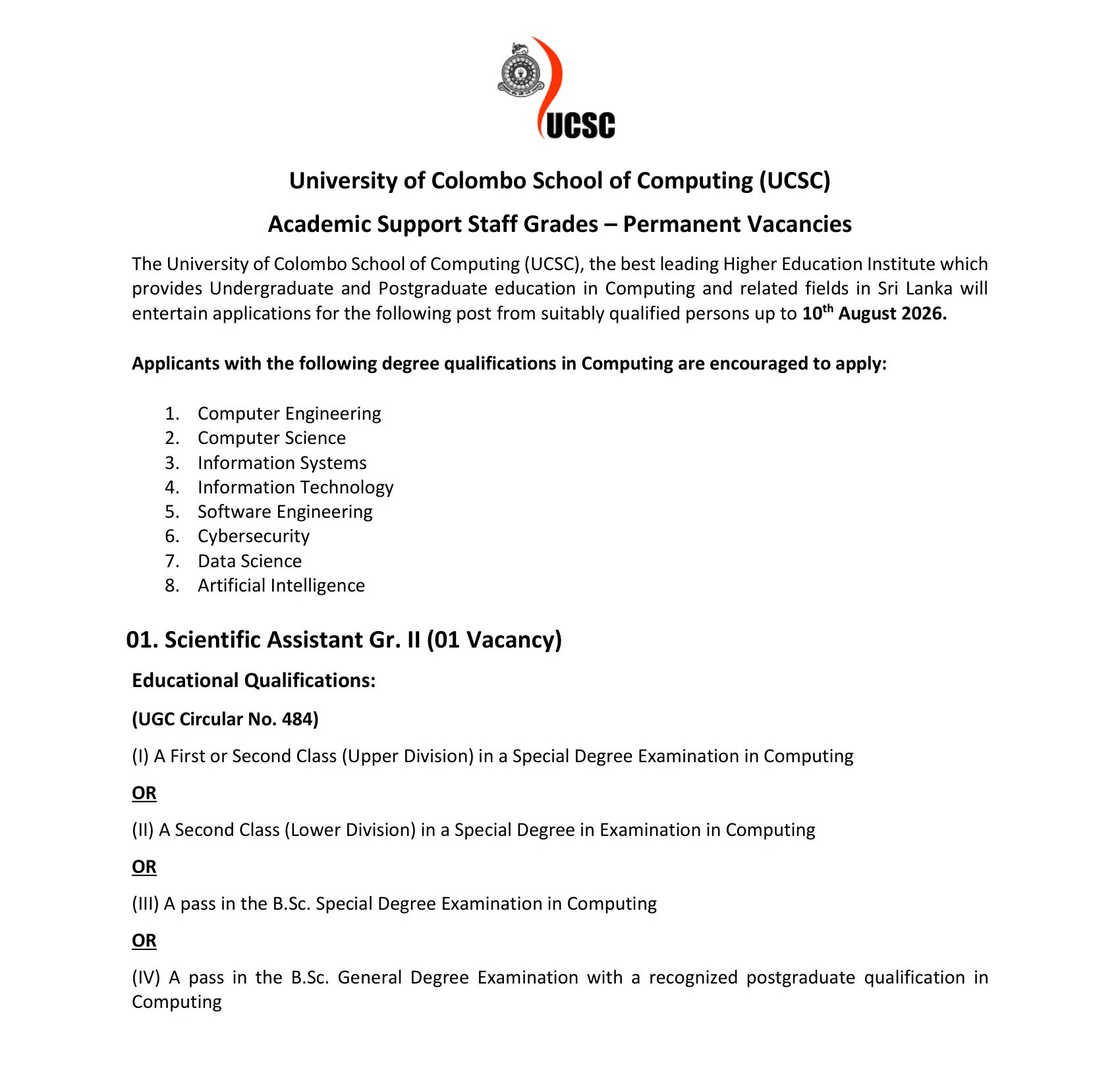 Supervisor (Civil), Scientific Assistant - University of Colombo School of Computing