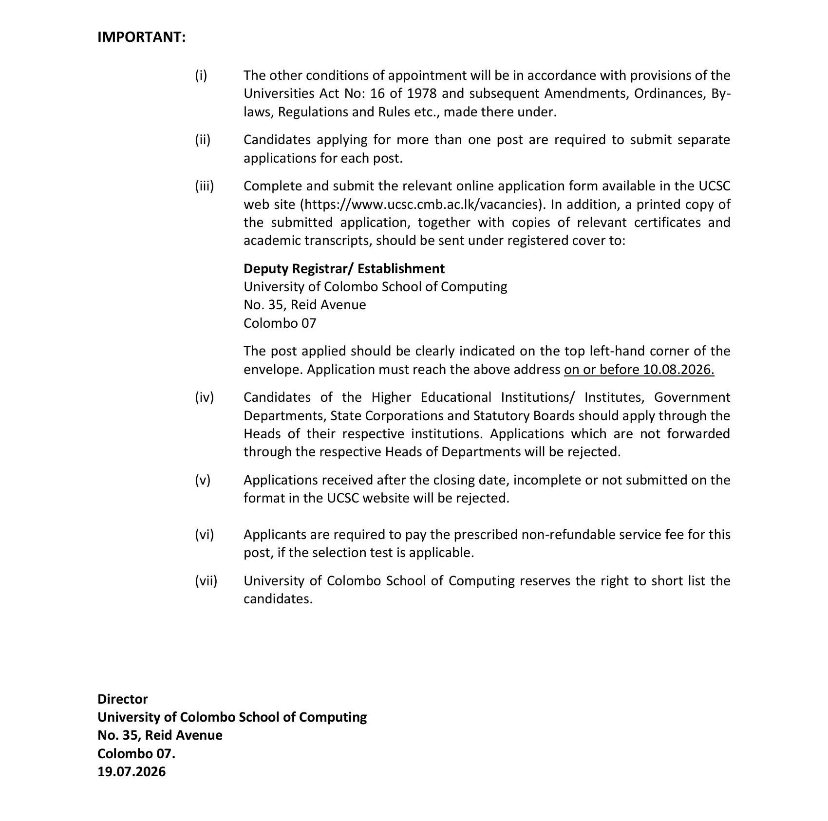 Supervisor (Civil), Scientific Assistant - University of Colombo School of Computing