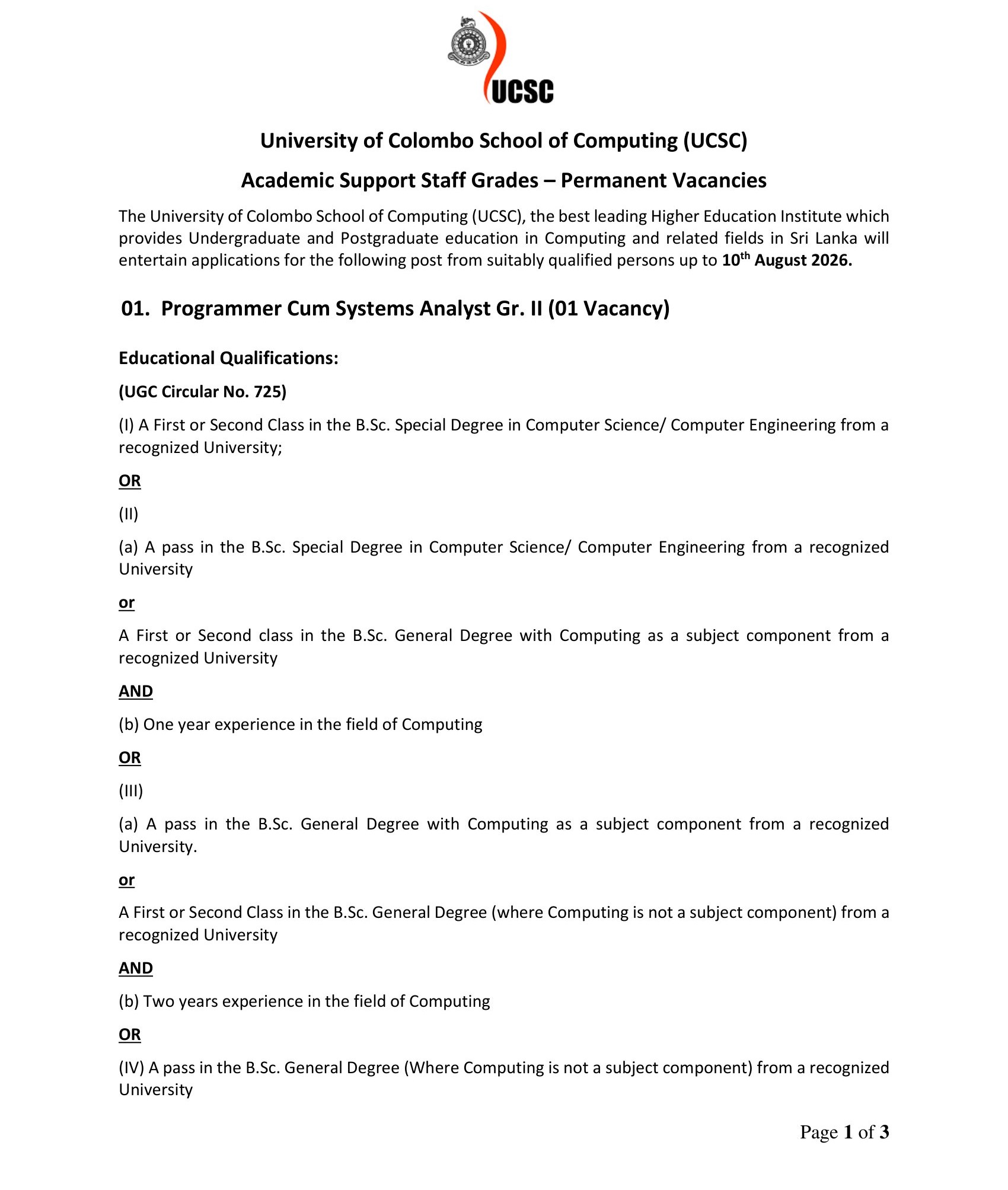  Programmer/Systems Analyst - University of Colombo School of Computing 