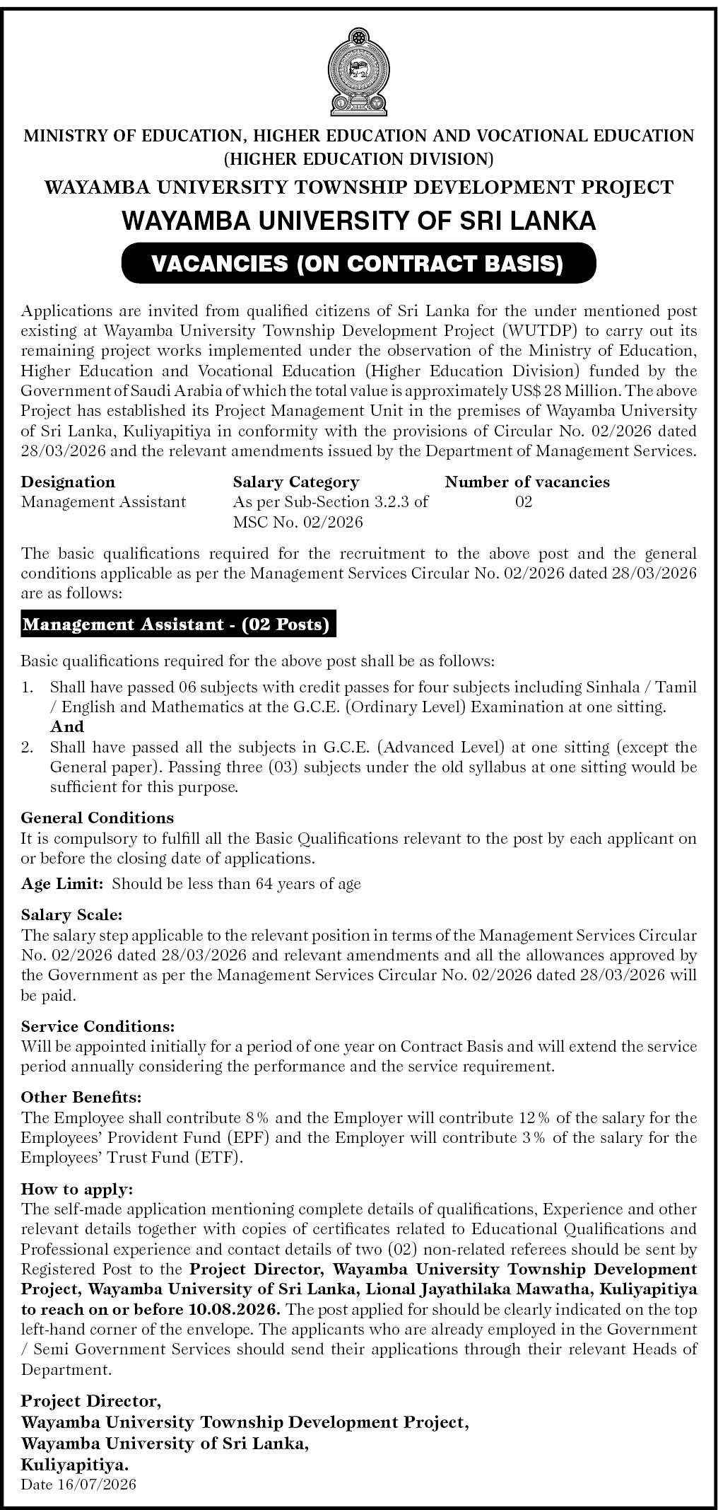 Management Assistant - Wayamba University of Sri Lanka