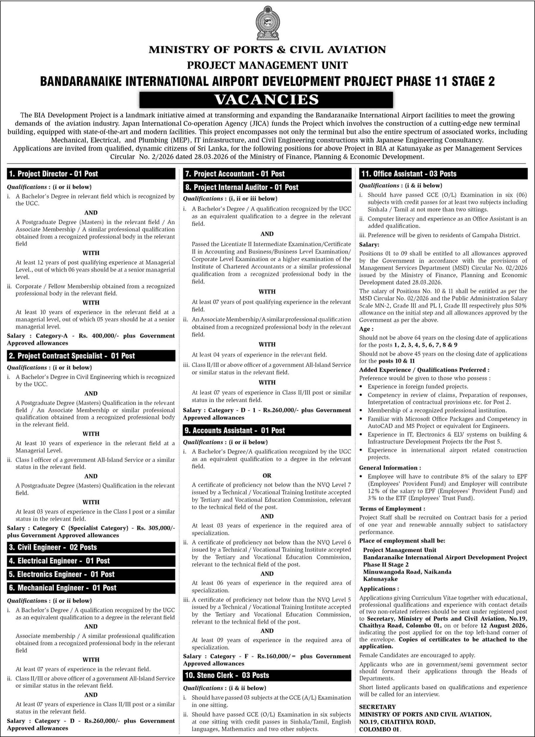 Project Director, Project Contract Specialist, Civil Engineer, Electrical Engineer, Electronic Engineer, Mechanical Engineer, Project Accountant, Project Internal Auditor, Accounts Assistant, Steno Clerk, Office Assistant - Ministry of Ports & Civil Aviation