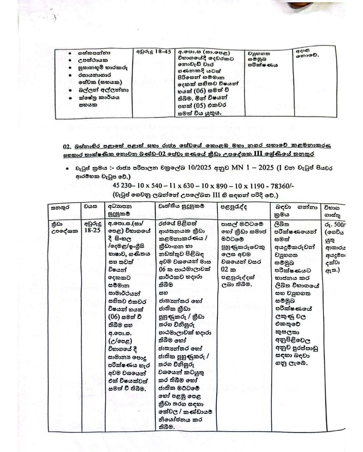Office Assistant, Work/Field Labourer, Tree Cutter, Attendant, Cemetery Caretaker, Laboratory Worker, Dogs Seizer, Field Work Assistant, Sports Coach, Motor Vehicle Driver, Security Guard - Colombo Municipal Council  