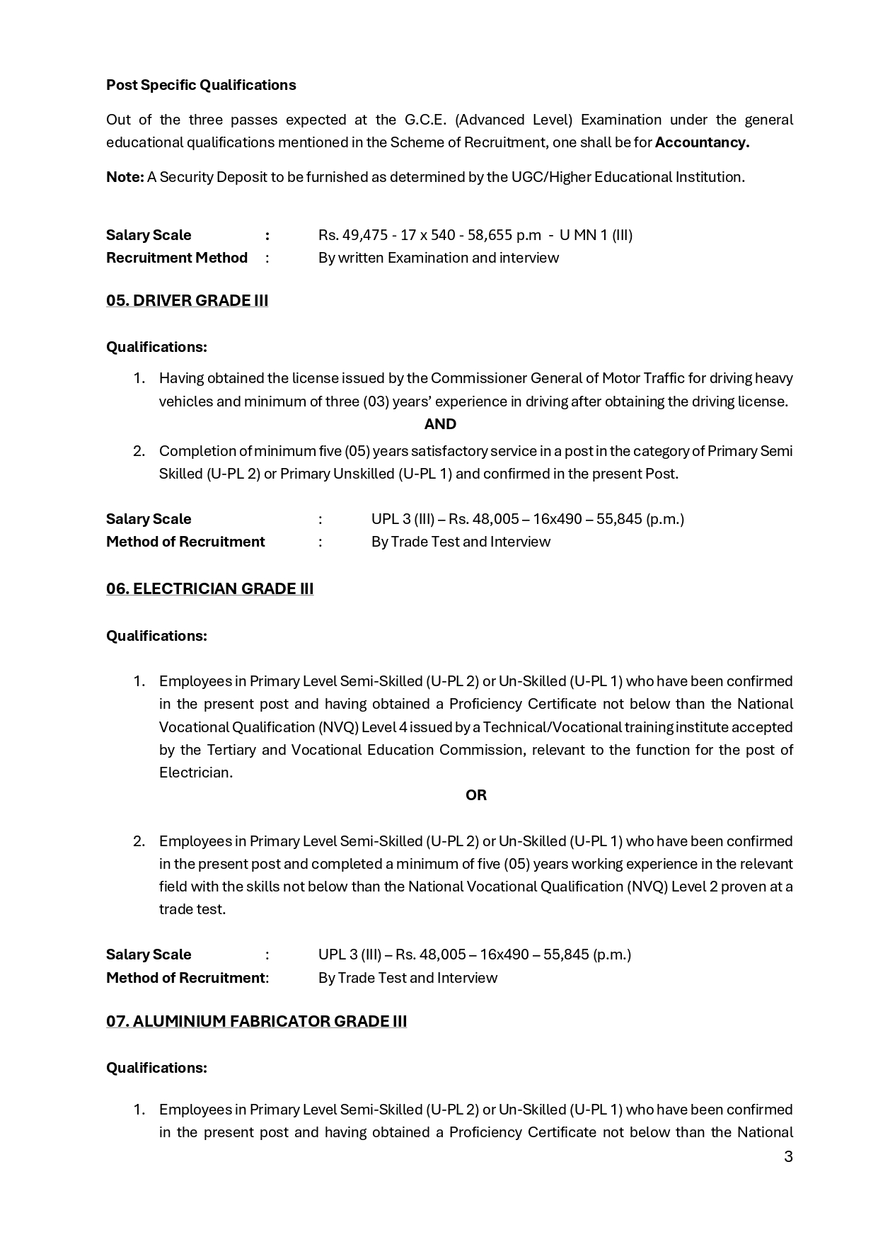 Management Assistant (Shroff), Marshal, Supervisor (Electrical, Civil), Driver, Electrician, Aluminium Fabricator - University of Colombo
