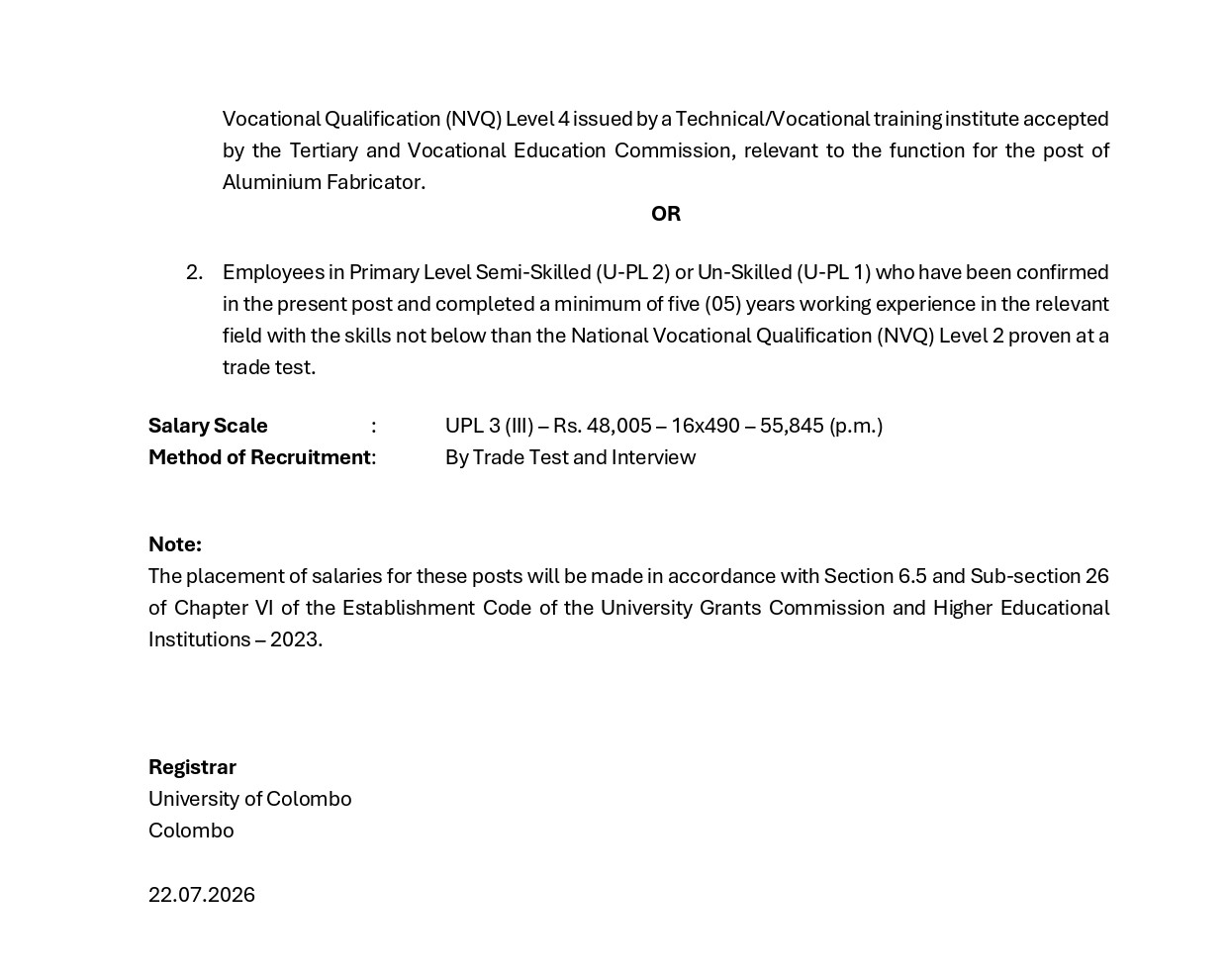 Management Assistant (Shroff), Marshal, Supervisor (Electrical, Civil), Driver, Electrician, Aluminium Fabricator - University of Colombo