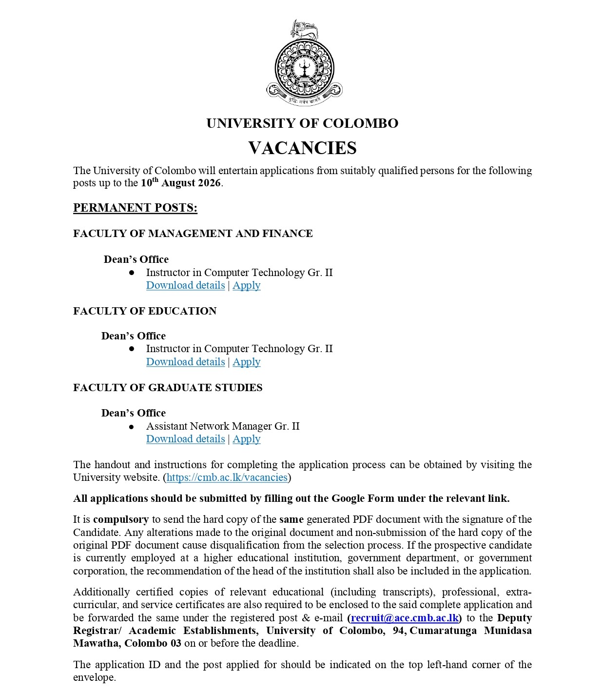 Assistant Network Manager, Instructor - University of Colombo