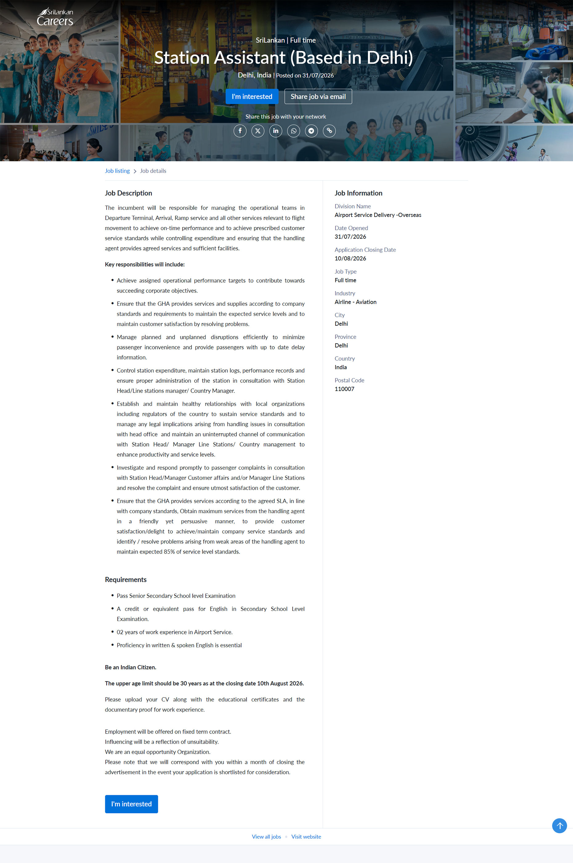 Station Assistant (Based in Delhi, Based in Bangalore) - SriLankan Airlines Limited 