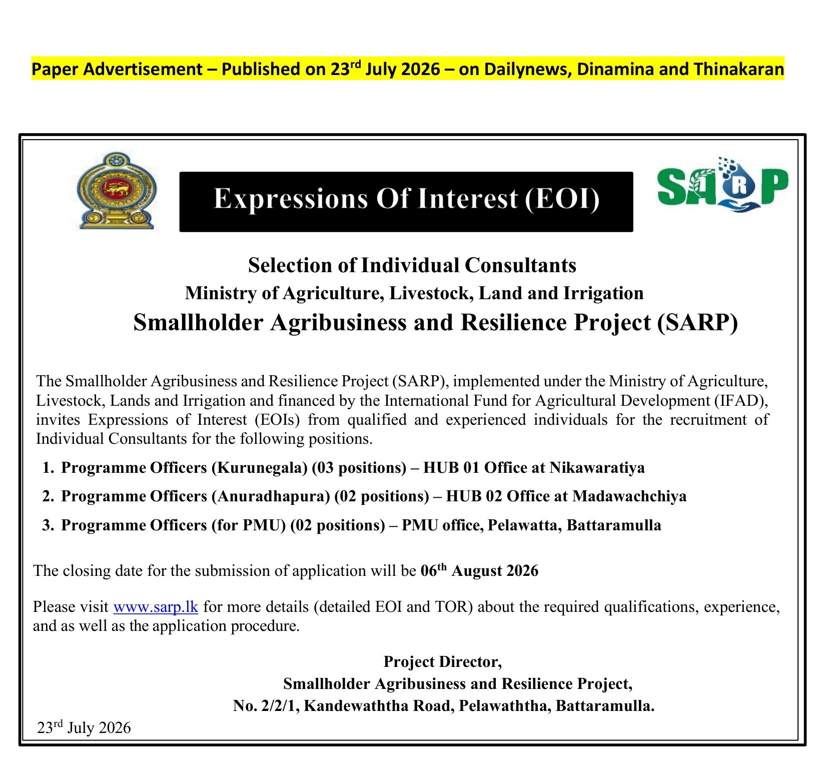 Programme Officer - Smallholder Agribusiness & Resilience Project - Ministry of Agriculture, Livestock, Land & Irrigation