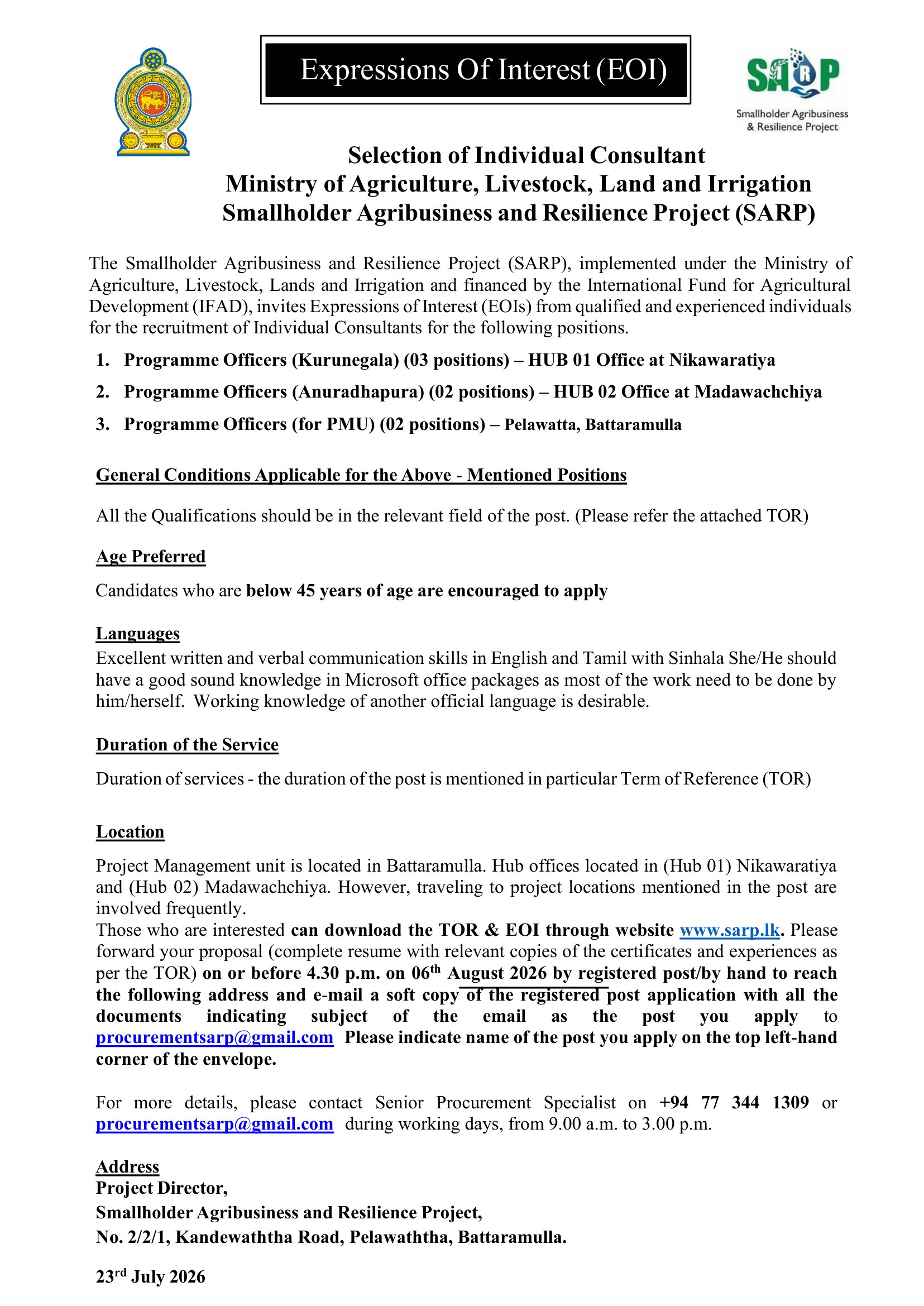 Programme Officer - Smallholder Agribusiness & Resilience Project - Ministry of Agriculture, Livestock, Land & Irrigation