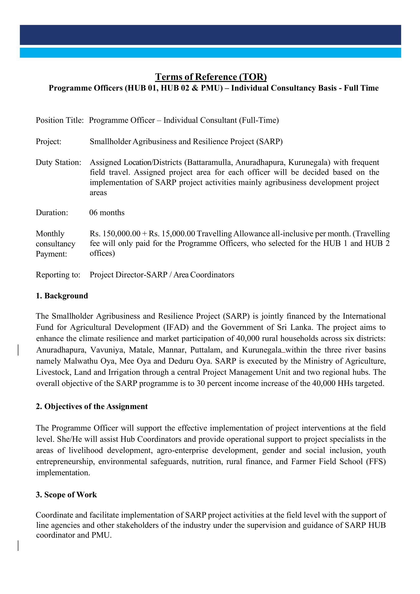Programme Officer - Smallholder Agribusiness & Resilience Project - Ministry of Agriculture, Livestock, Land & Irrigation