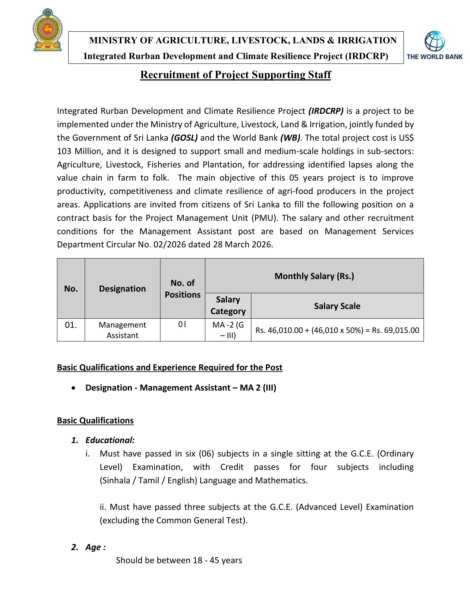 Management Assistant - Ministry of Agriculture, Livestock, Lands & Irrigation