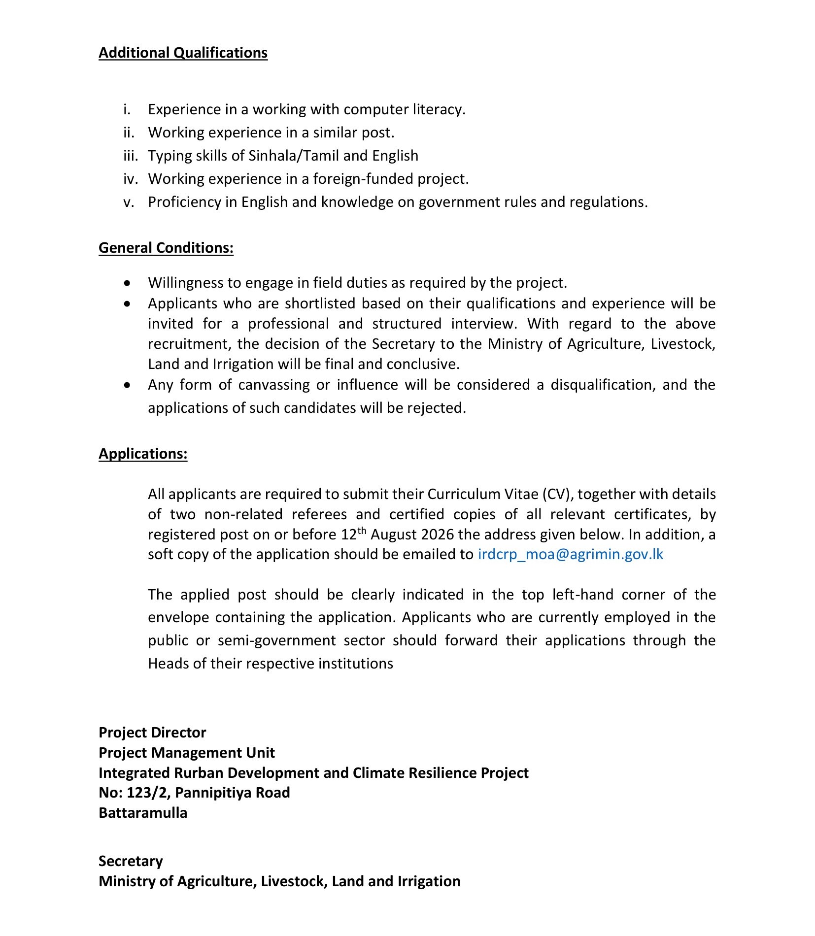 Management Assistant - Ministry of Agriculture, Livestock, Lands & Irrigation