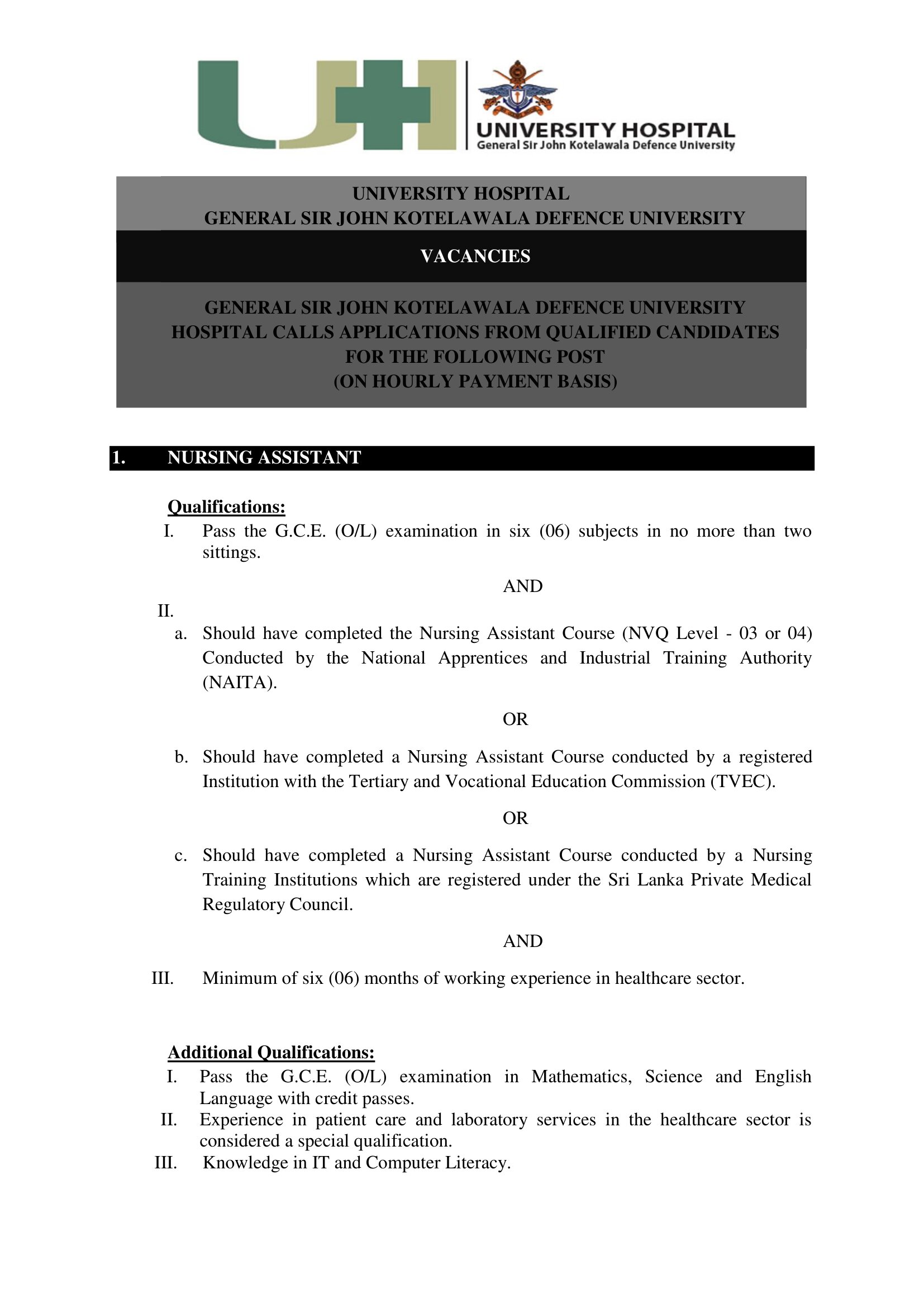 Nursing Assistant - University Hospital - General Sir John Kotelawala Defence University