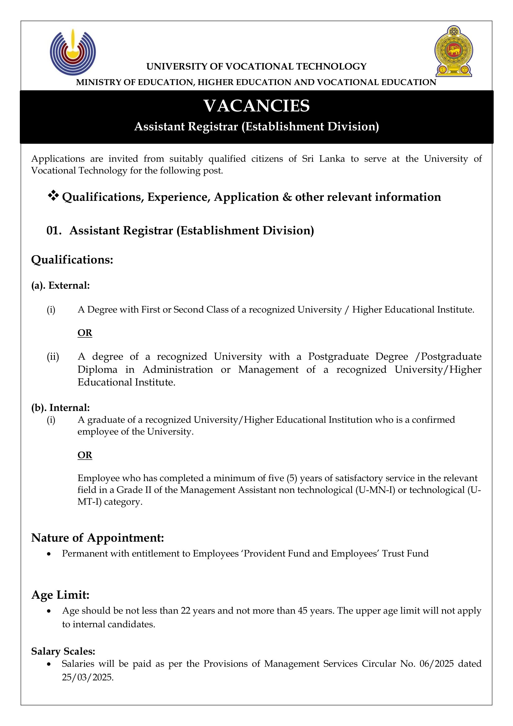 Assistant Registrar - University of Vocational Technology