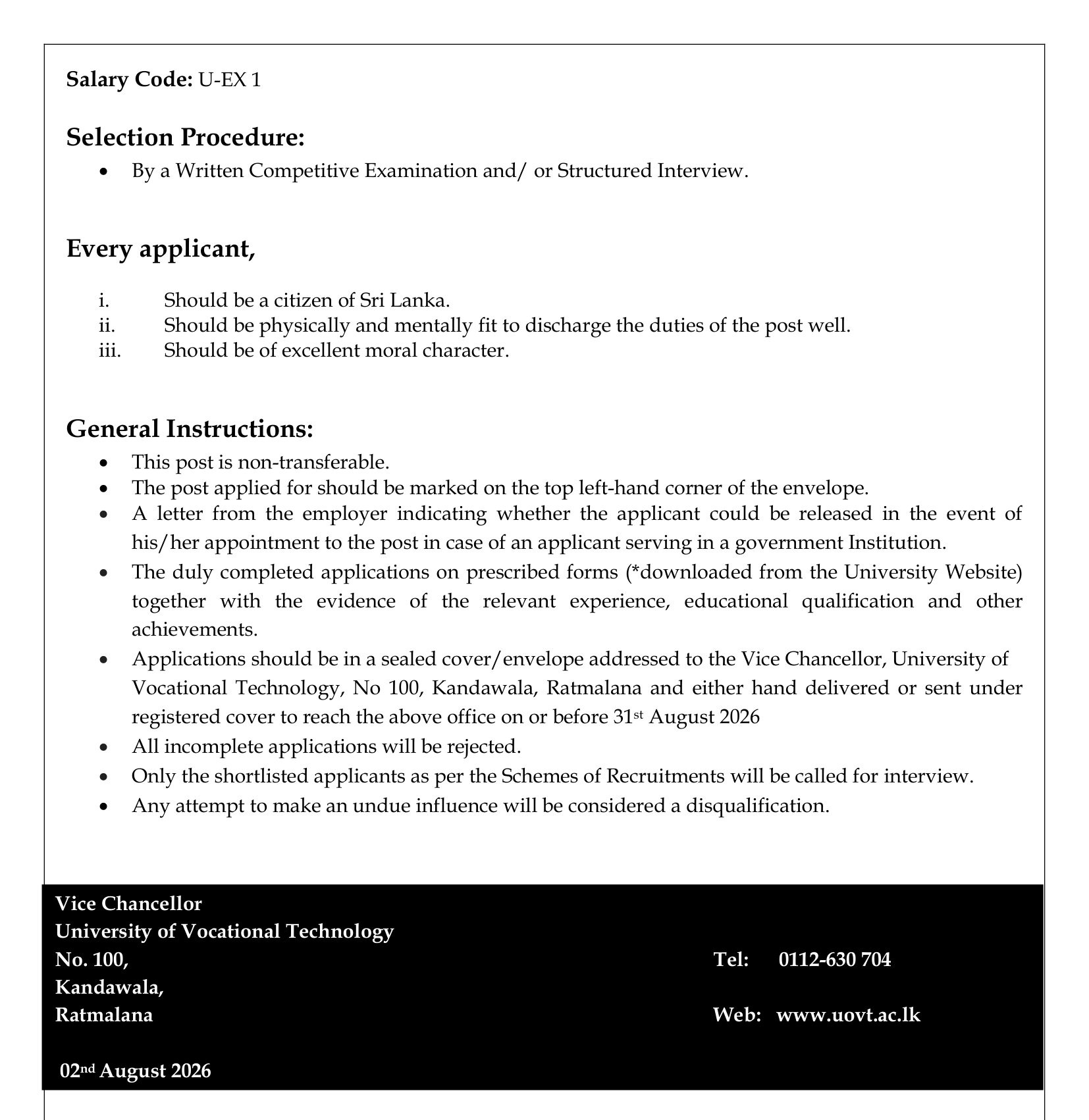 Assistant Registrar - University of Vocational Technology