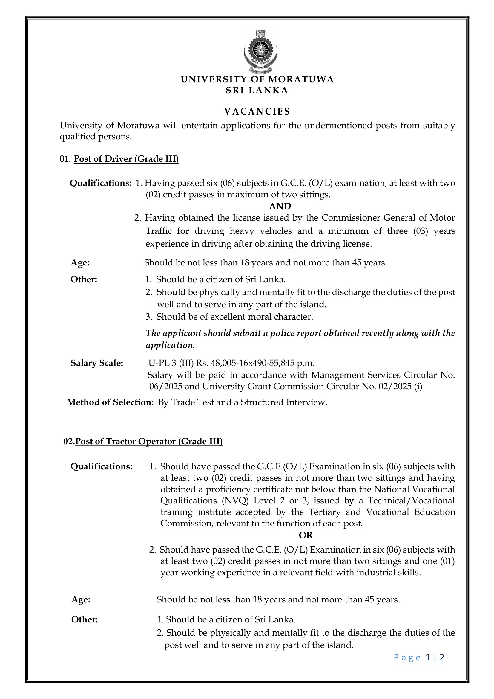Driver, Tractor Operator - University of Moratuwa