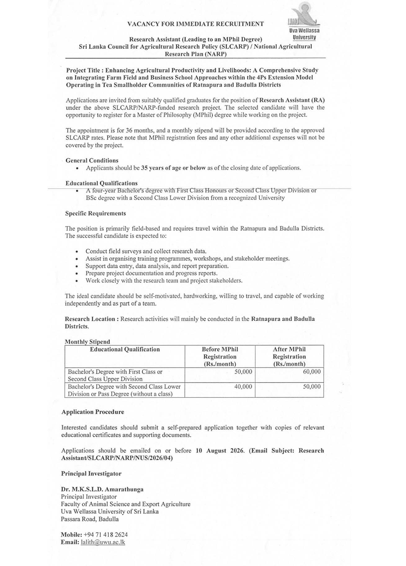 Research Assistant - Uva Wellassa University of Sri Lanka