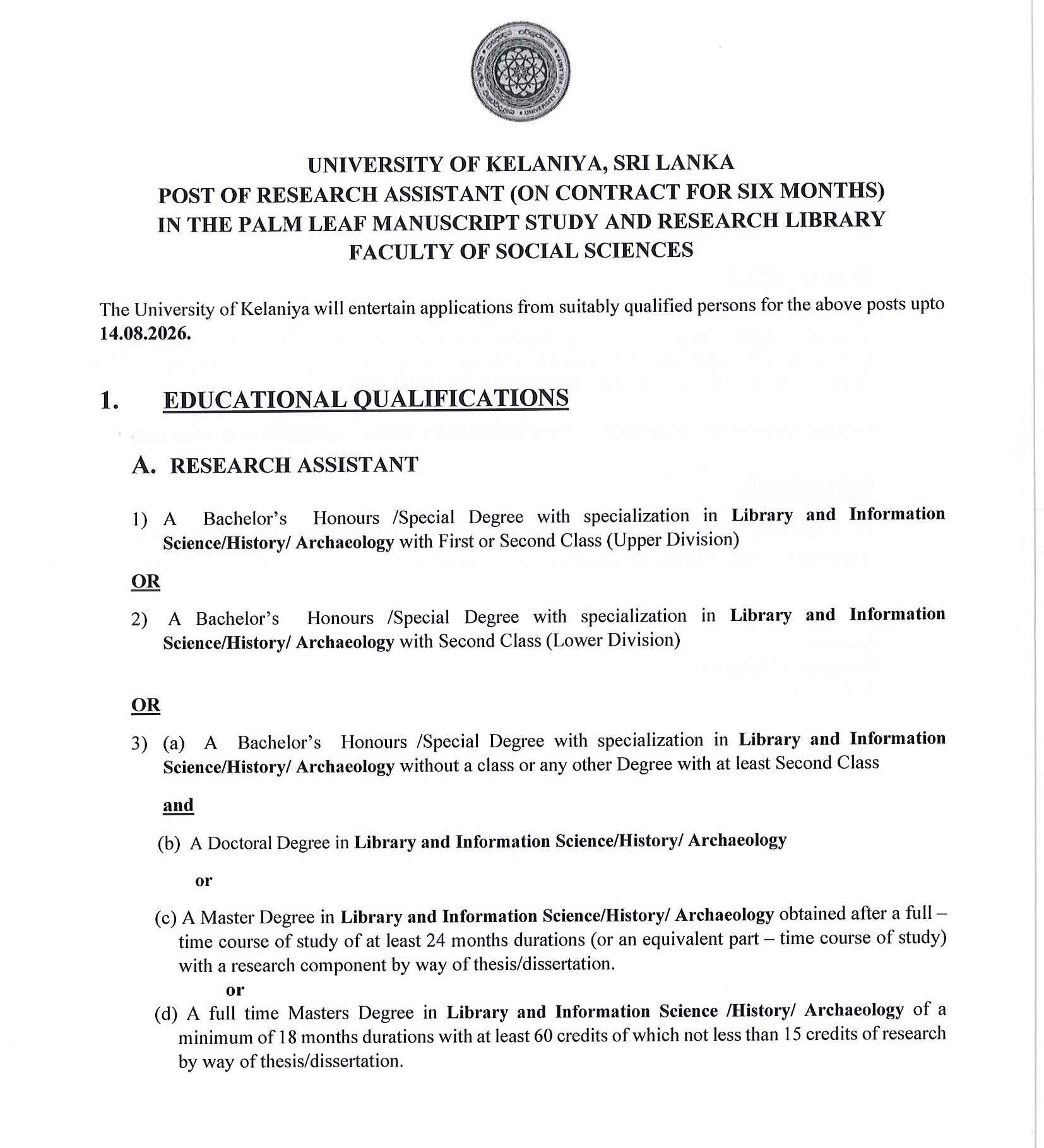 Research Assistant - University of Kelaniya