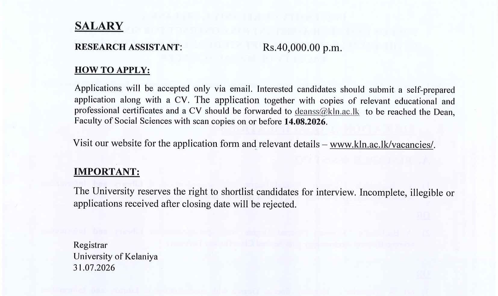 Research Assistant - University of Kelaniya