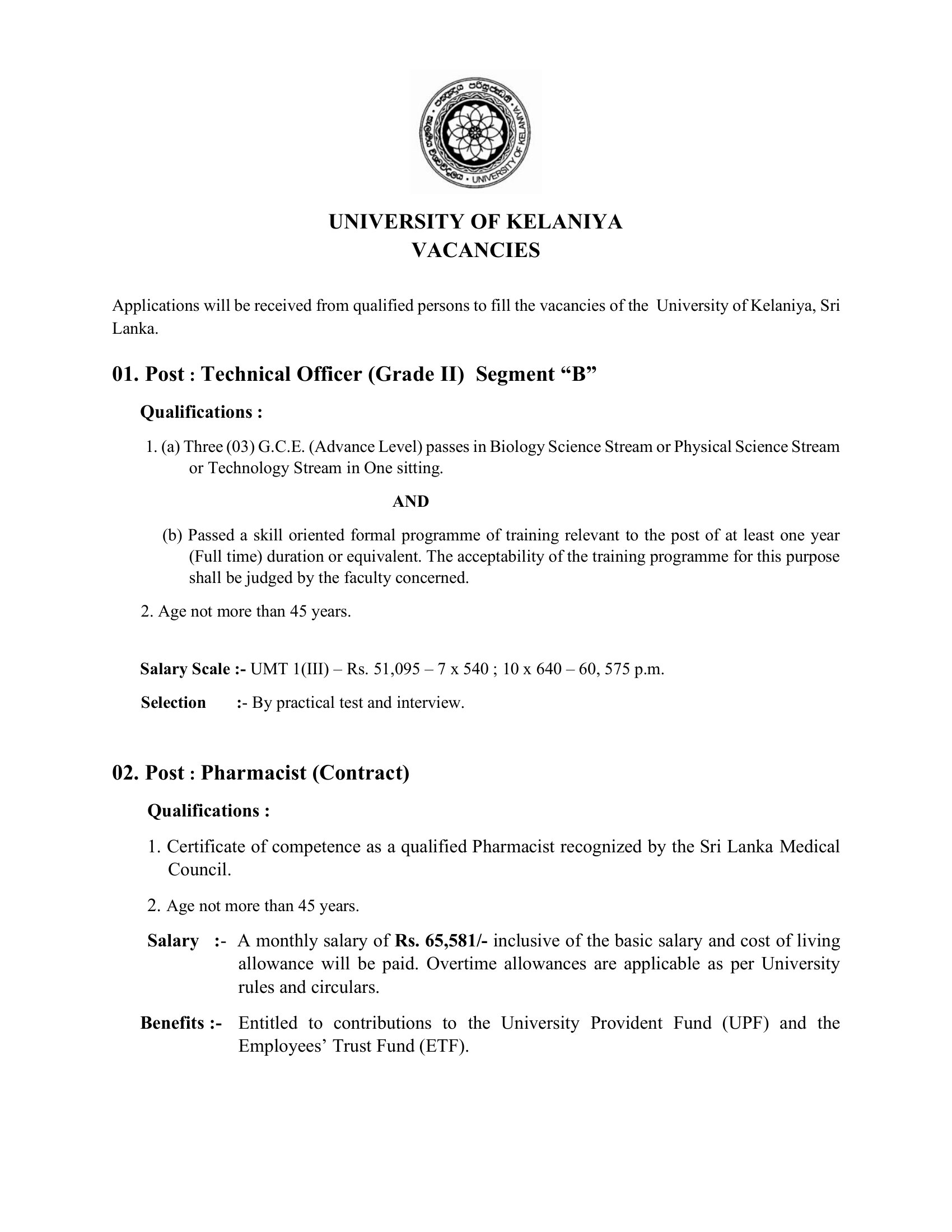 Technical Officer, Pharmacist - University of Kelaniya