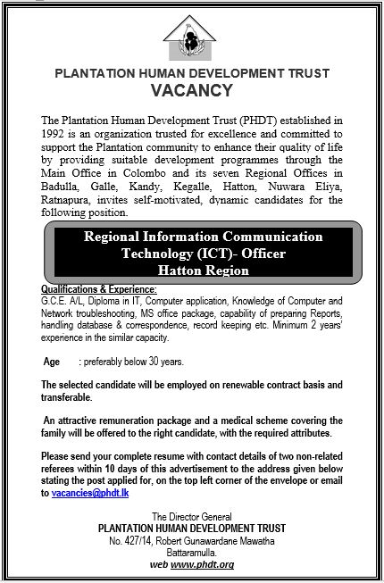 Regional Information Communication Technology (ICT) Officer - Plantation Human Development Trust