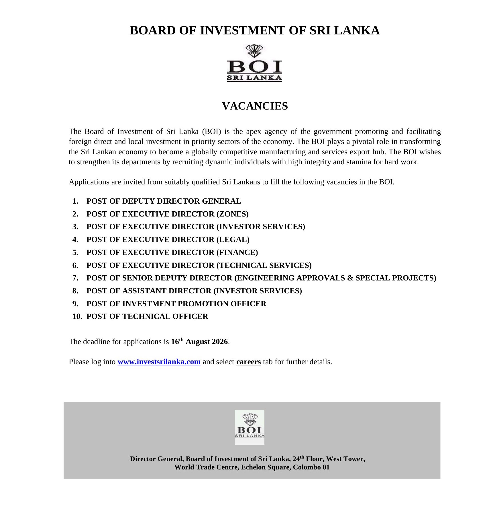 Deputy Director General, Executive Director, Senior Deputy Director, Assistant Director, Investment Promotion Officer, Technical Officer - Board of Investment of Sri Lanka