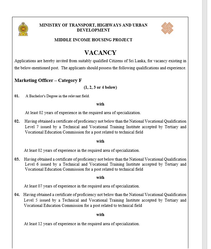 Marketing Officer - Urban Development Authority 