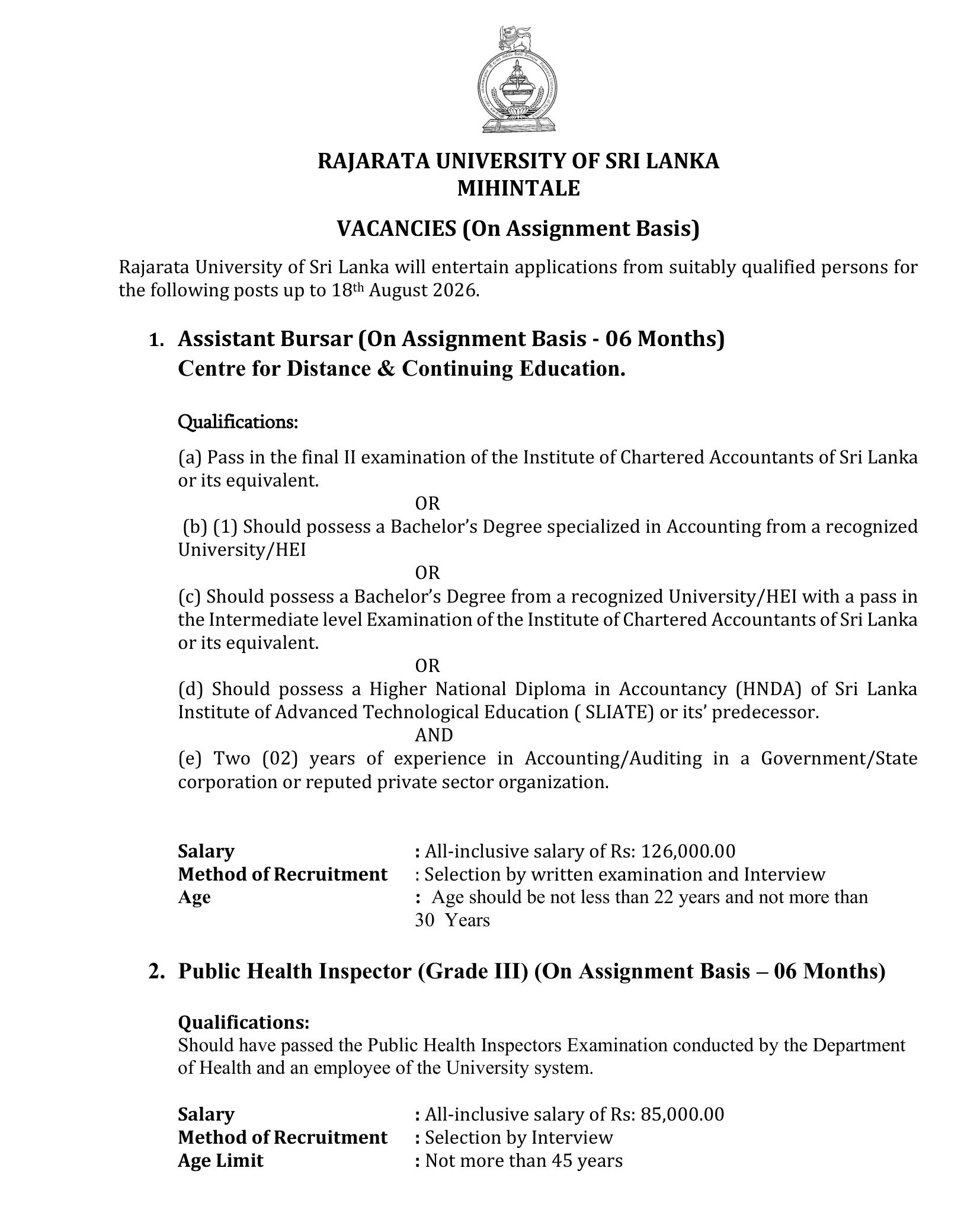 Assistant Bursar, Public Health Inspector, Nursing Officer, Pharmacist, Technical Officer, Supervisor, Plumber, Electrician, Driver - Rajarata University of Sri Lanka