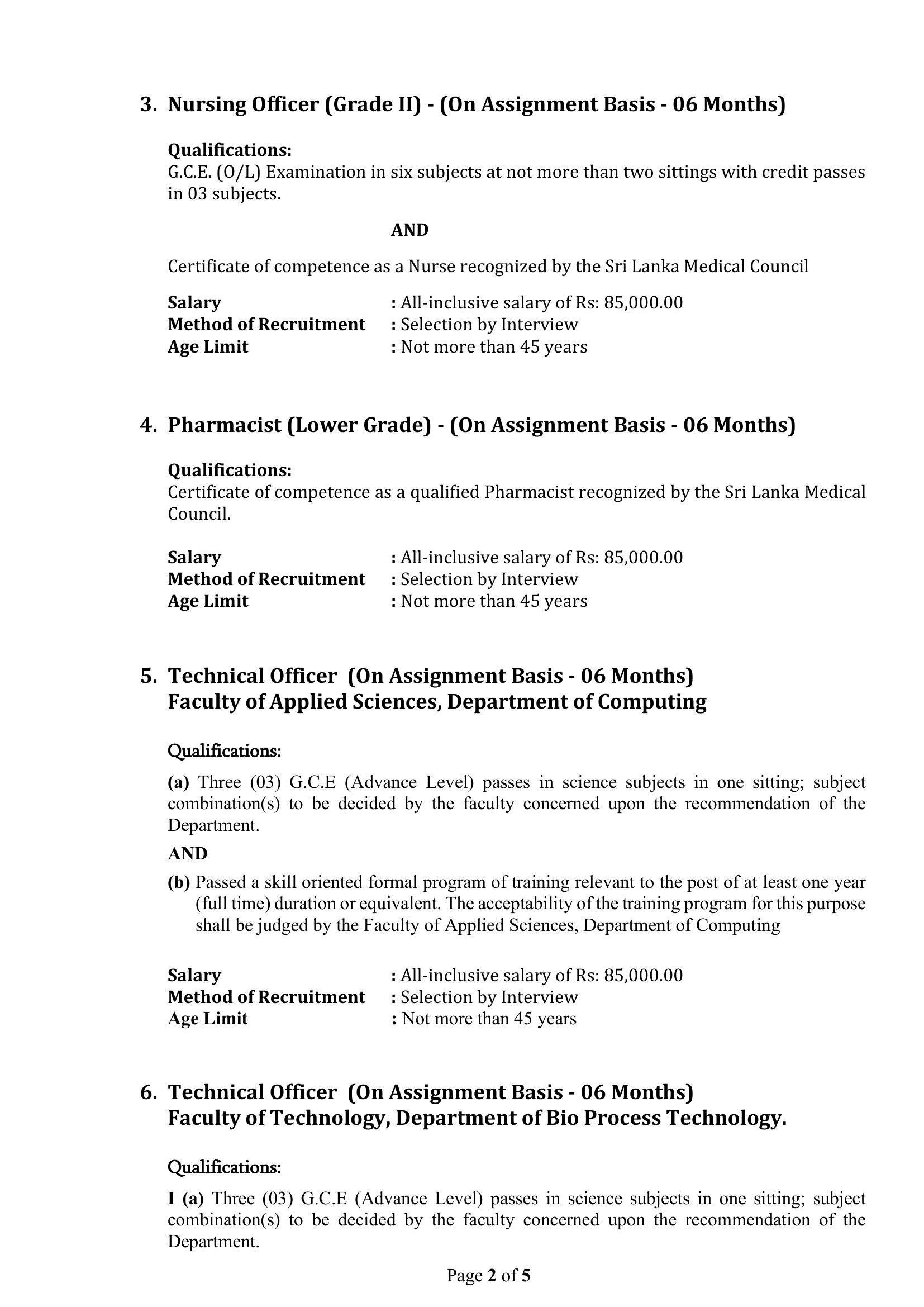 Assistant Bursar, Public Health Inspector, Nursing Officer, Pharmacist, Technical Officer, Supervisor, Plumber, Electrician, Driver - Rajarata University of Sri Lanka