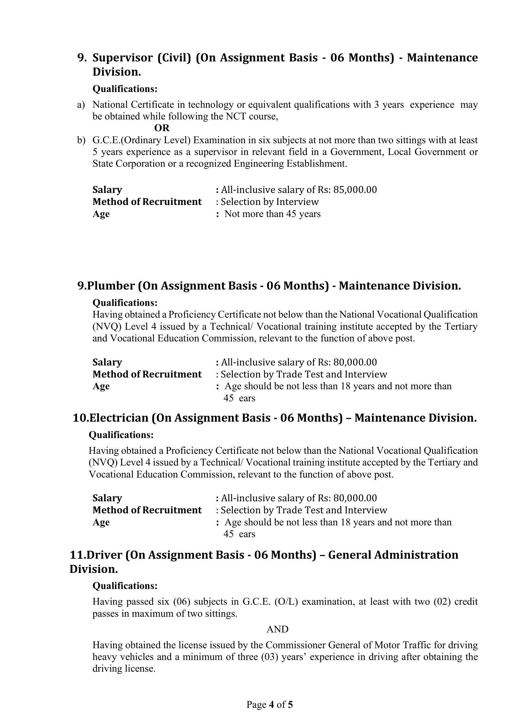 Assistant Bursar, Public Health Inspector, Nursing Officer, Pharmacist, Technical Officer, Supervisor, Plumber, Electrician, Driver - Rajarata University of Sri Lanka