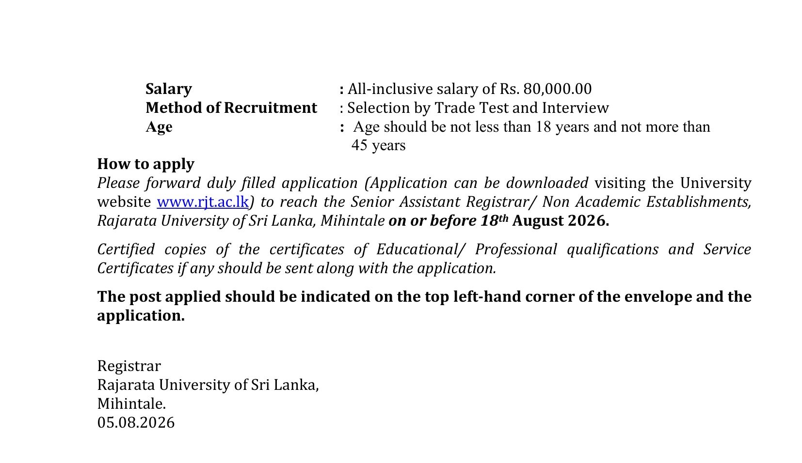Assistant Bursar, Public Health Inspector, Nursing Officer, Pharmacist, Technical Officer, Supervisor, Plumber, Electrician, Driver - Rajarata University of Sri Lanka