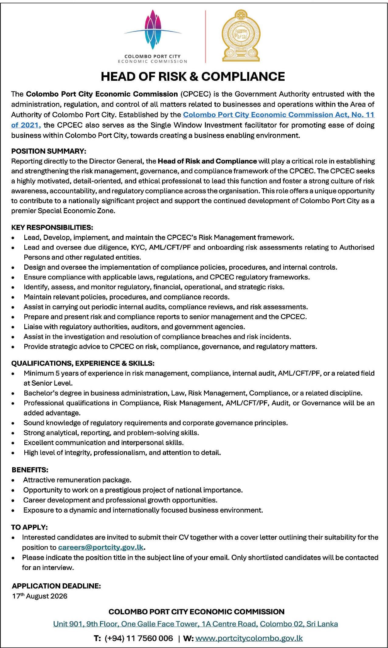 Head of Risk & Compliance - Colombo Port City Economic Commission