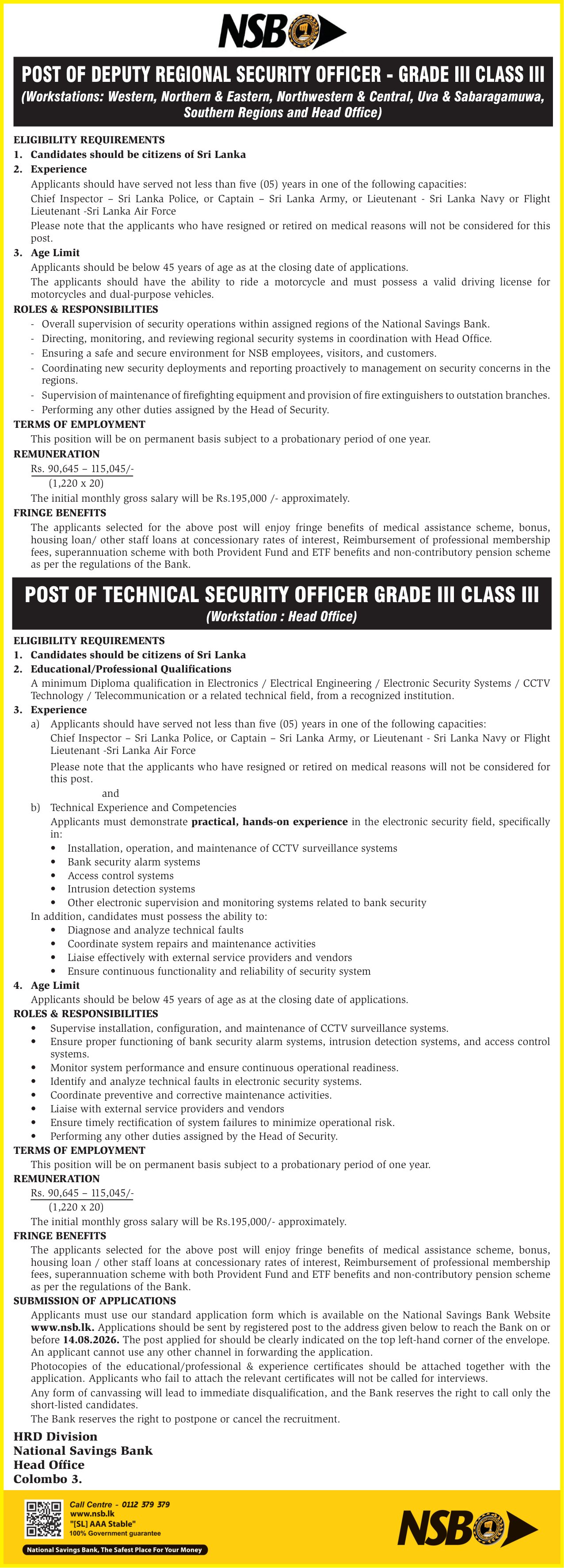 Deputy Regional Security Officer, Technical Security Officer - National Savings Bank
