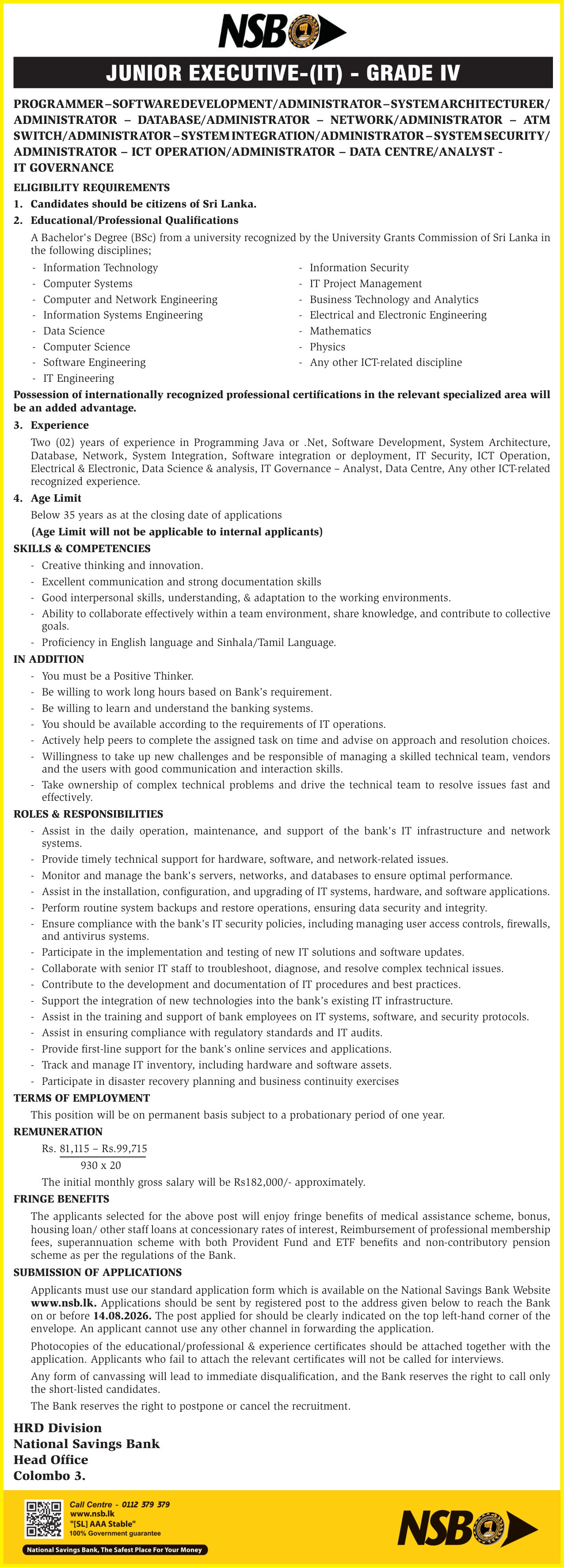 Junior Executive (IT) - National Savings Bank