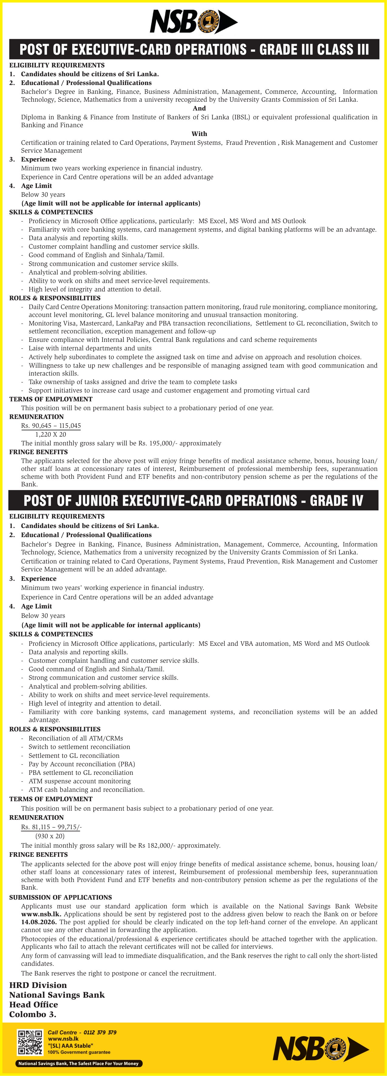 Executive (Card Operations), Junior Executive (Card Operations) - National Savings Bank