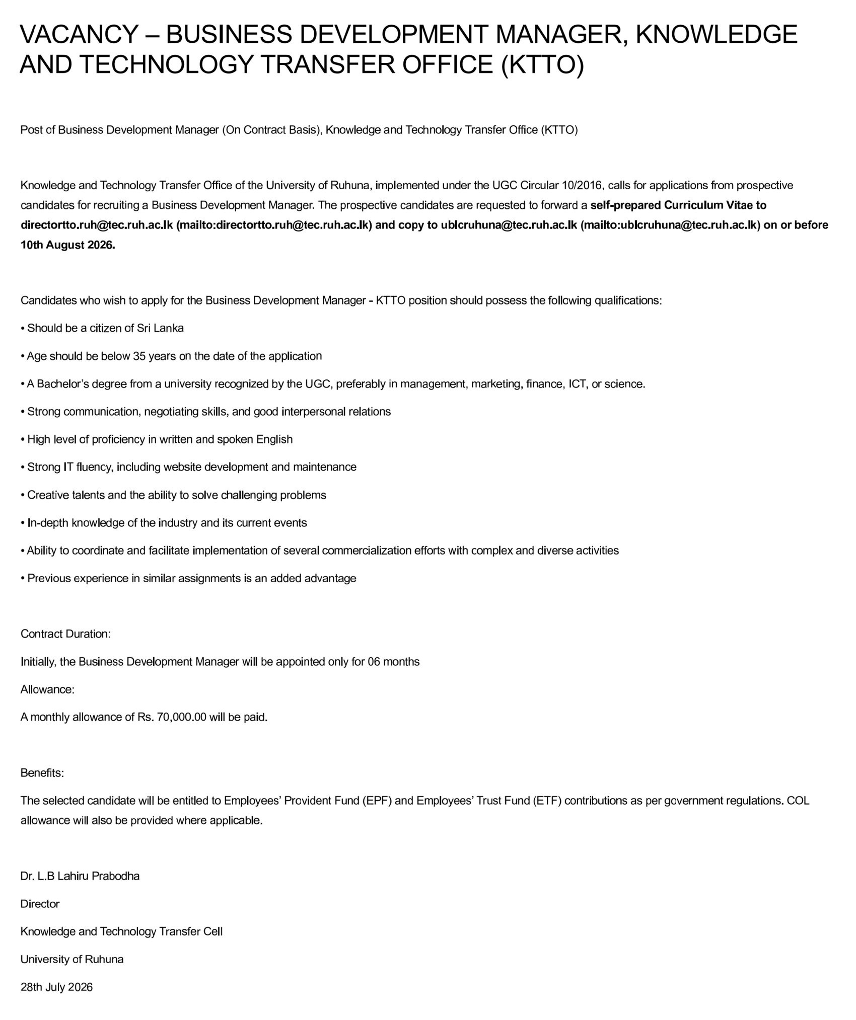 Business Development Manager, Knowledge & Transfer Officer - University of Ruhuna
