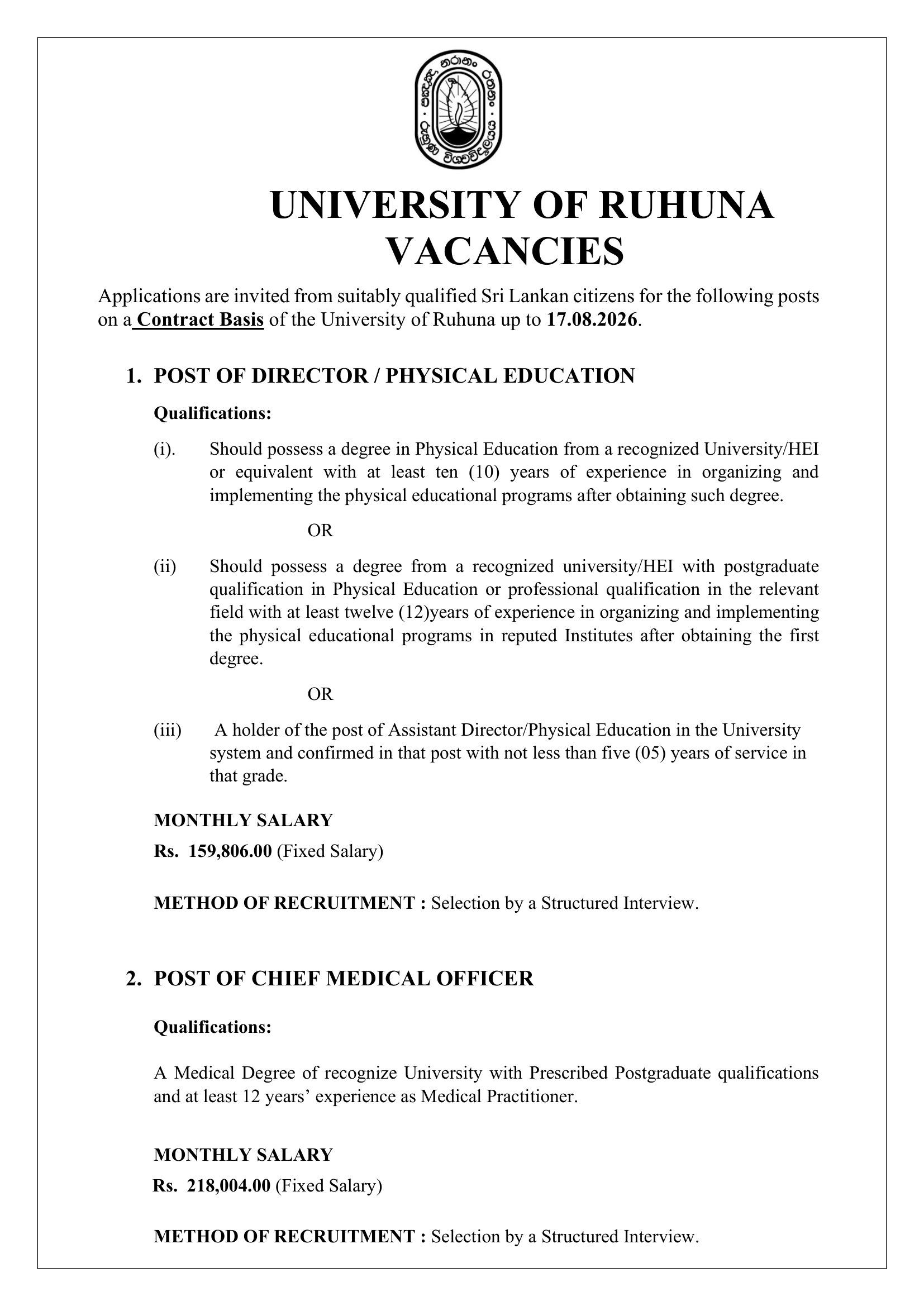 Chief Medical Officer, Director - University of Ruhuna
