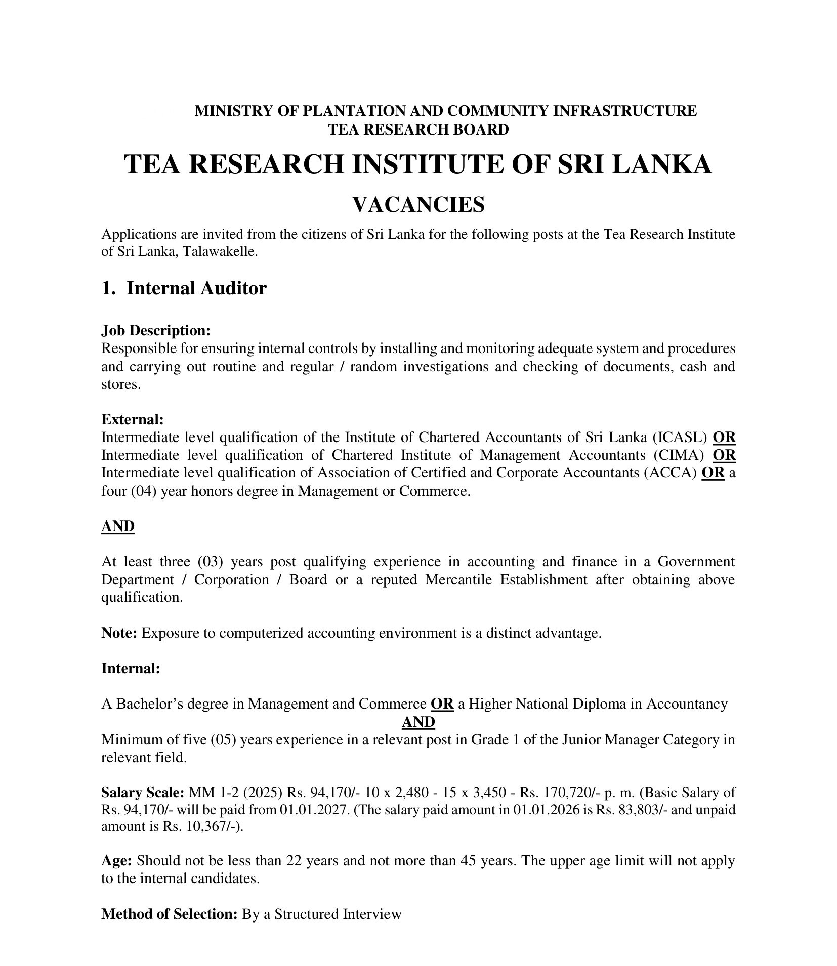 Internal Auditor, Engineering Assistant, Technological Officer - Tea Research Institute of Sri Lanka