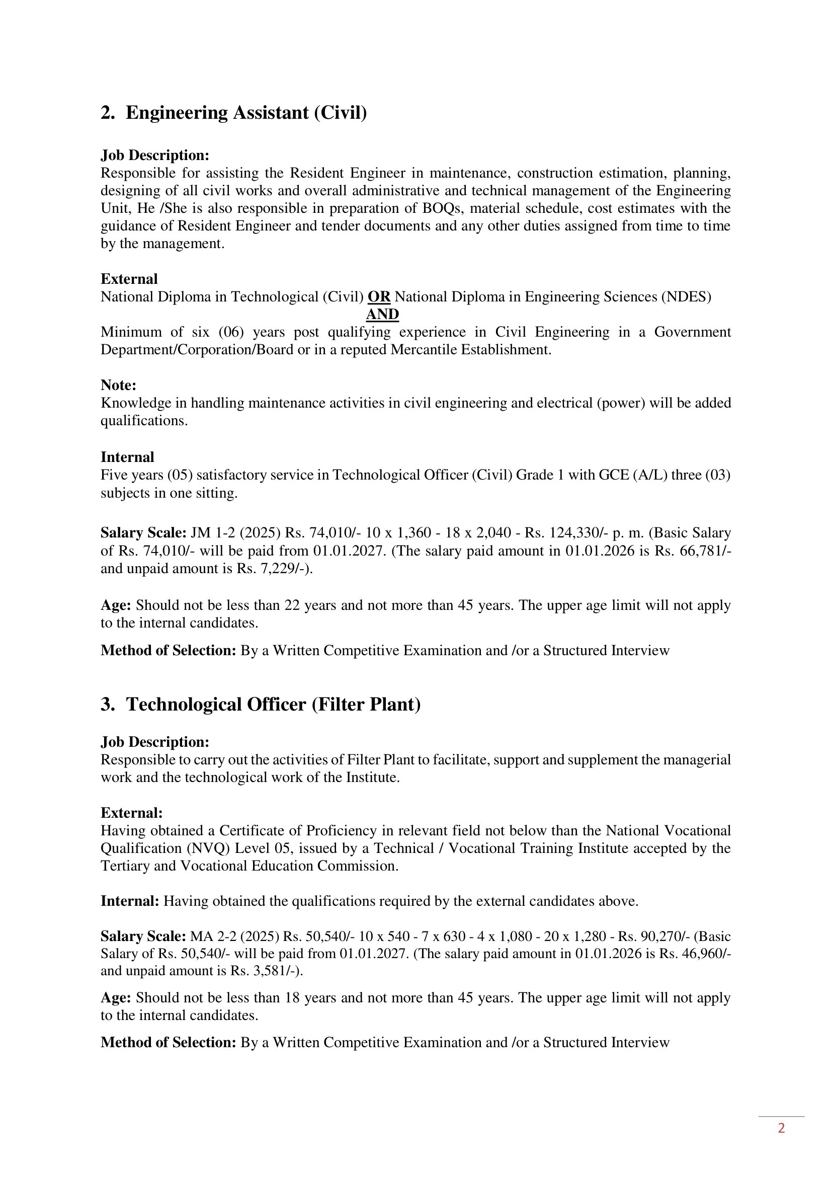 Internal Auditor, Engineering Assistant, Technological Officer - Tea Research Institute of Sri Lanka