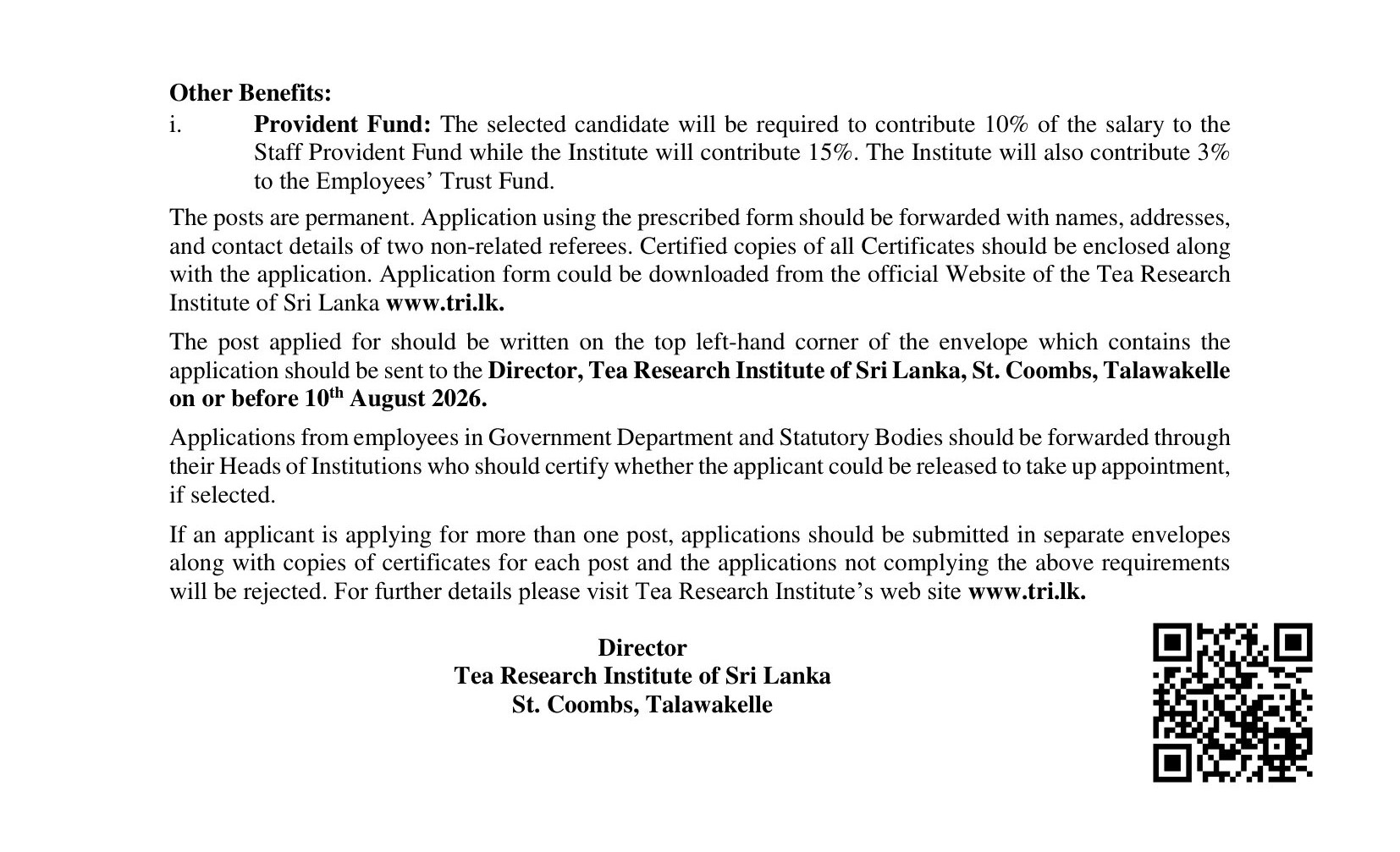 Internal Auditor, Engineering Assistant, Technological Officer - Tea Research Institute of Sri Lanka