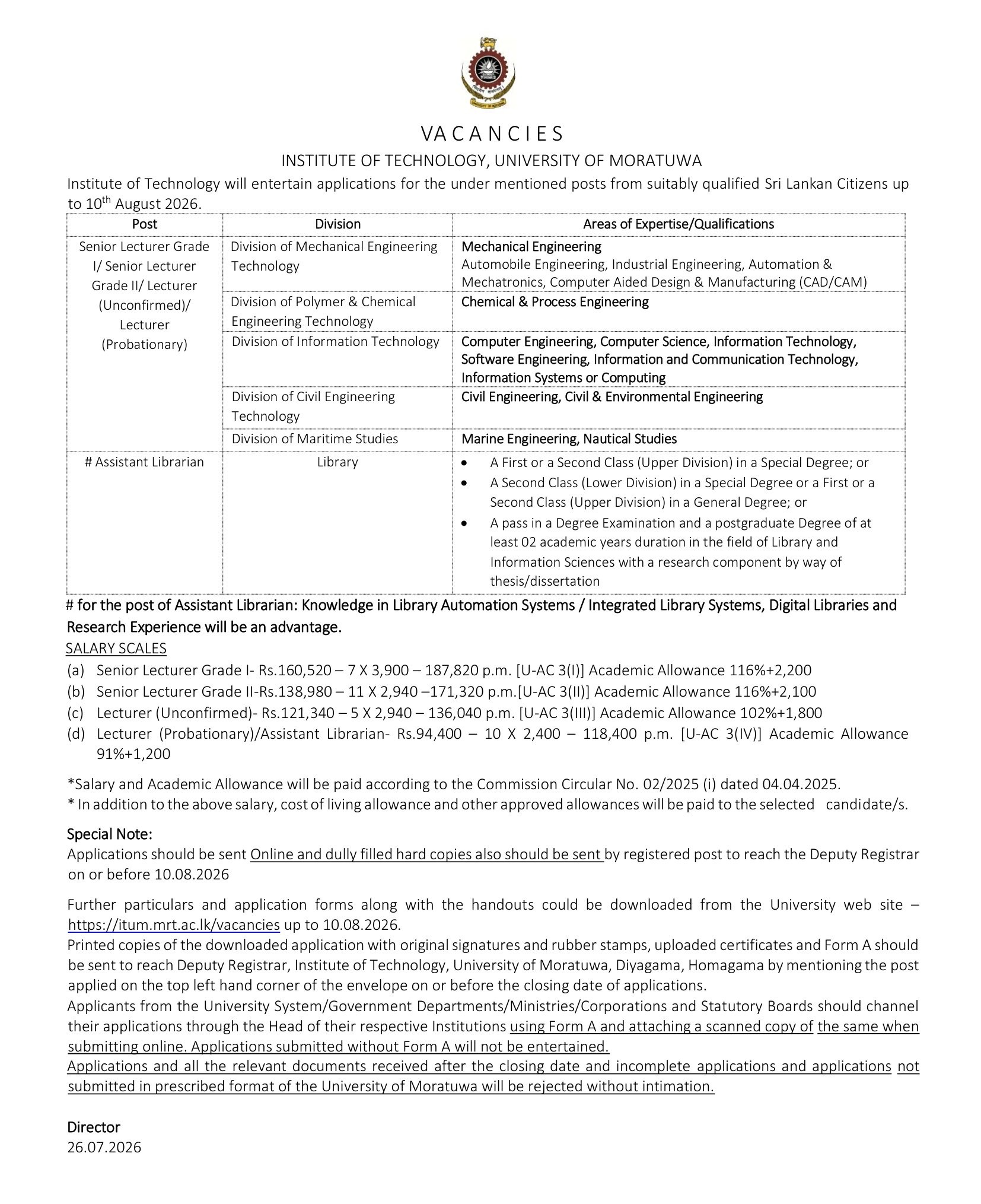 Assistant Librarian, Senior Lecturer, Lecturer - Institute of Technology - University of Moratuwa