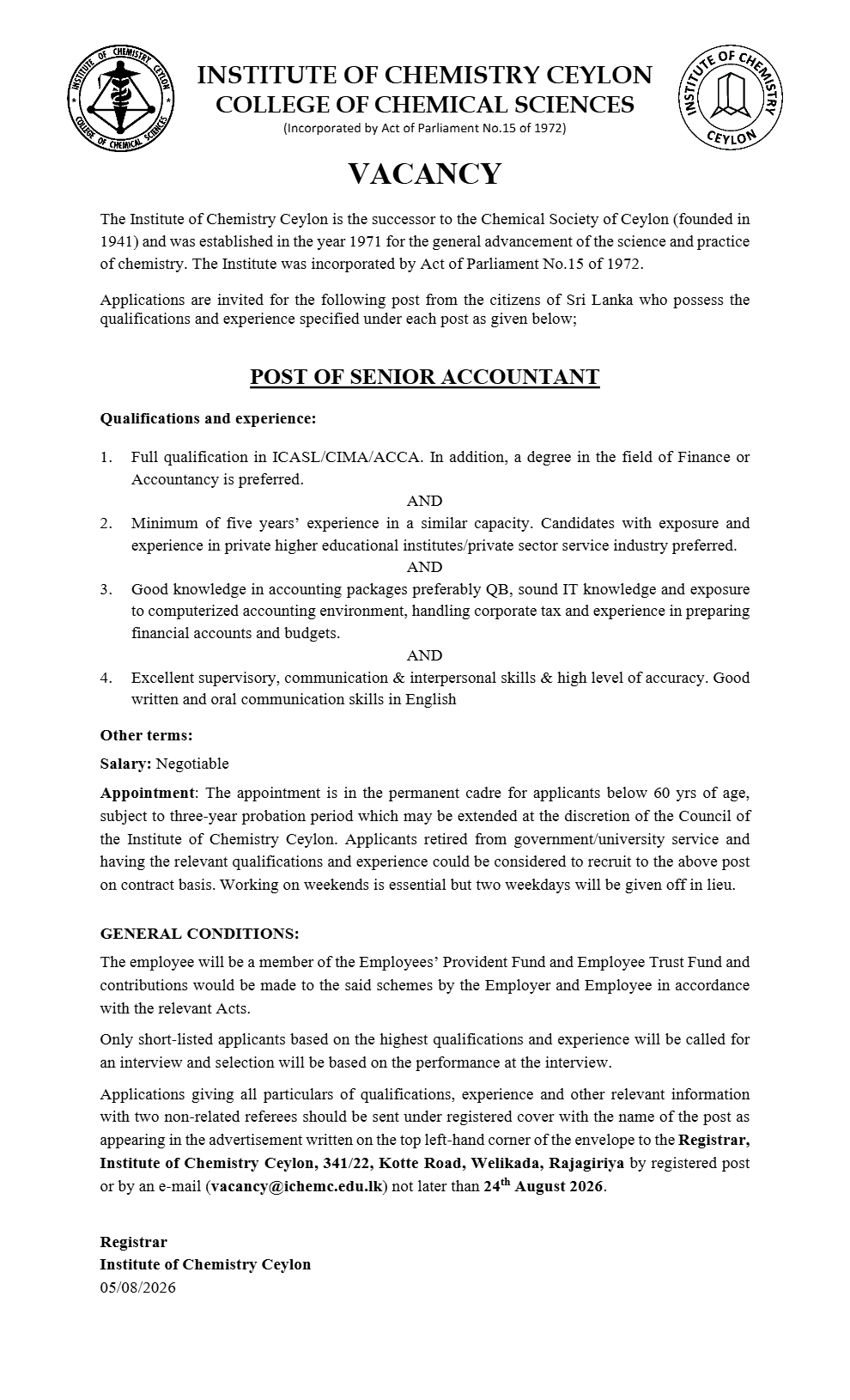 Senior Accountant, Assistant Registrar - Institute of Chemistry Ceylon