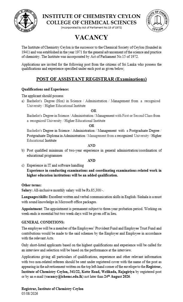Senior Accountant, Assistant Registrar - Institute of Chemistry Ceylon