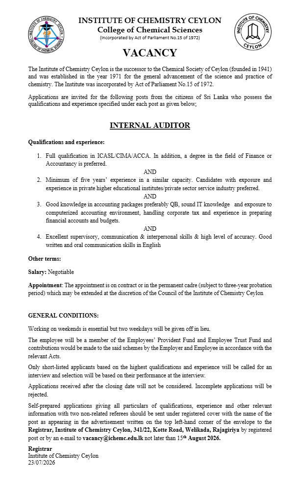 Internal Auditor, Senior Accounting Officer, Public Relations Officer, Laboratory Attendant - Institute of Chemistry Ceylon