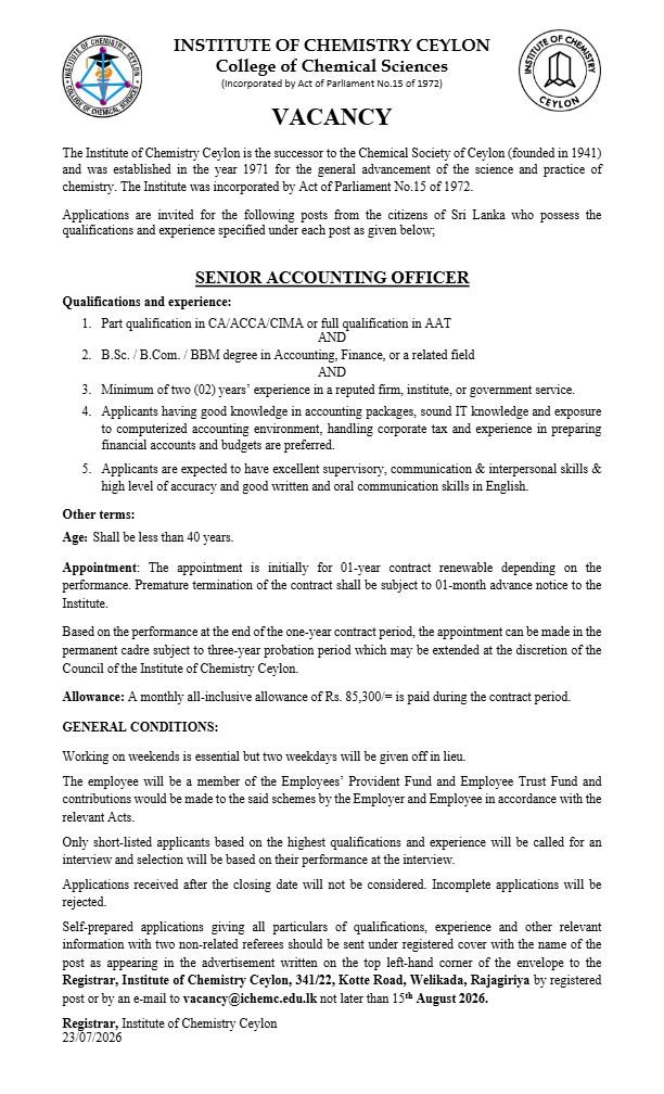 Internal Auditor, Senior Accounting Officer, Public Relations Officer, Laboratory Attendant - Institute of Chemistry Ceylon