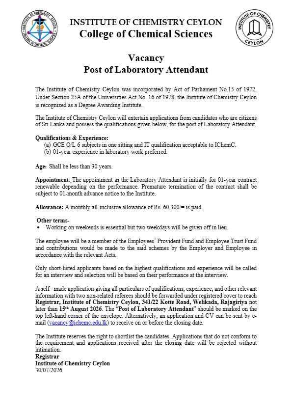 Internal Auditor, Senior Accounting Officer, Public Relations Officer, Laboratory Attendant - Institute of Chemistry Ceylon