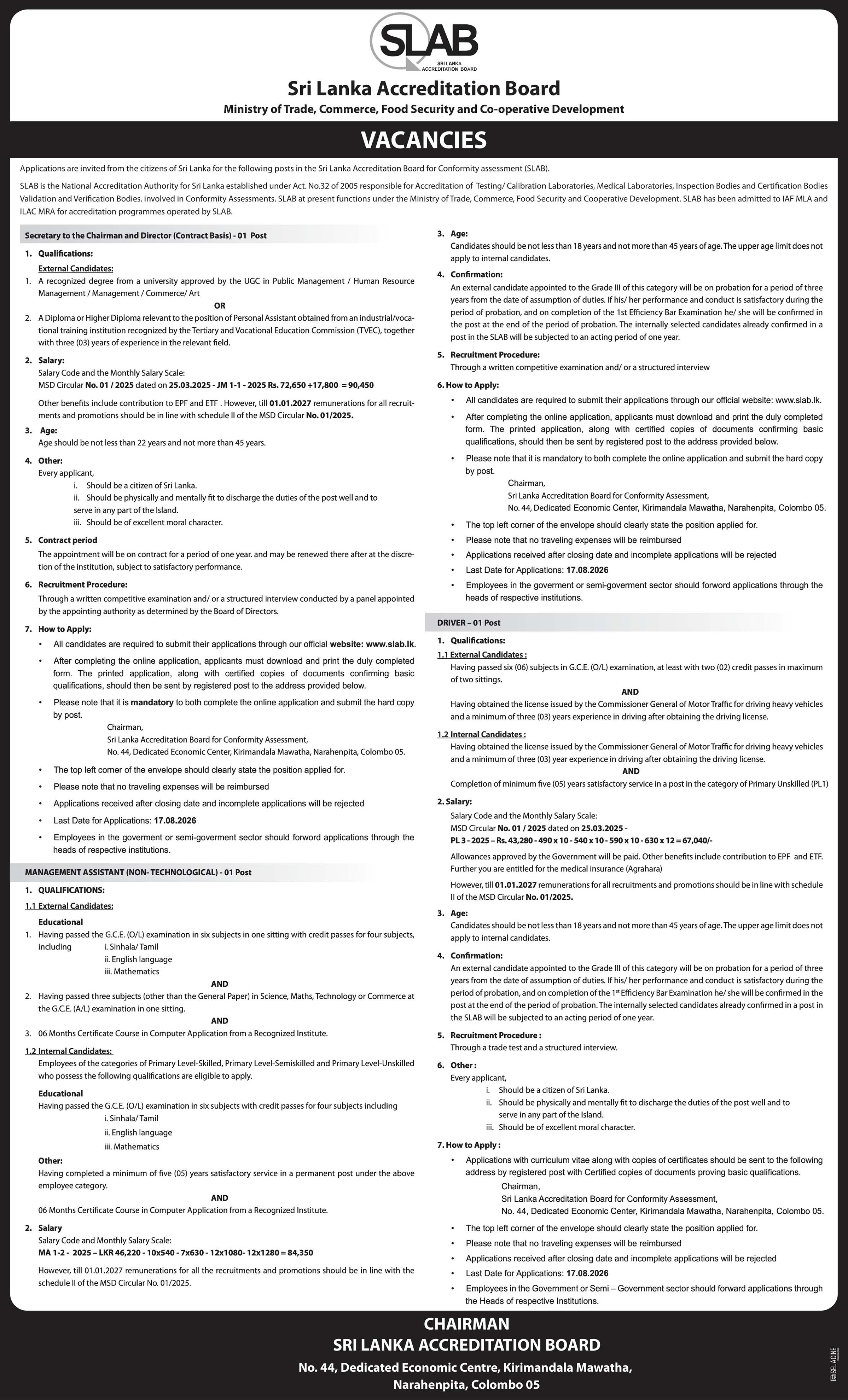 Management Assistant, Secretary to the Chairman & Director, Driver - Sri Lanka Accreditation Board